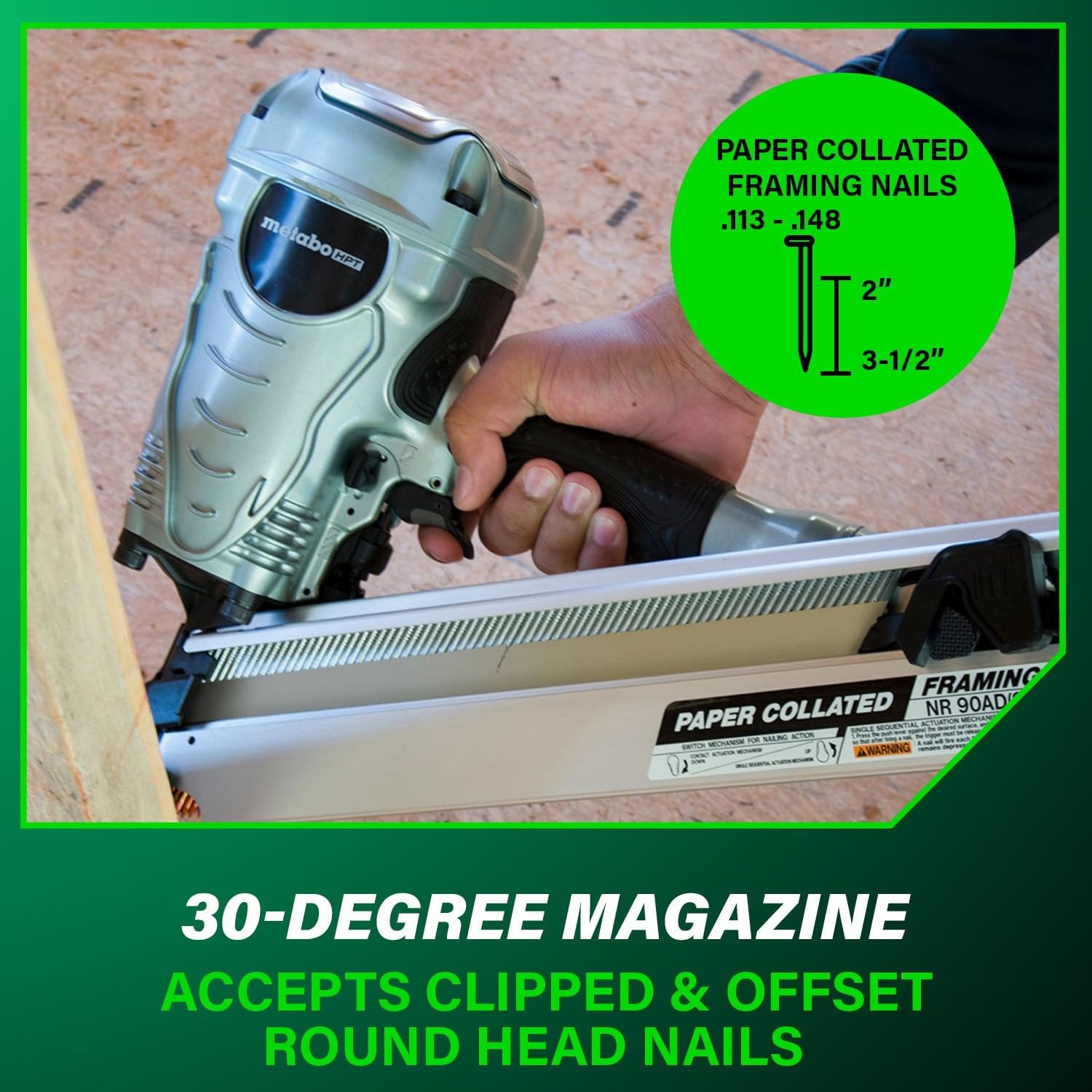 Metabo HPT Framing Nailer, Pro-Preferred Framing Tool for Flooring, Truss Build-Up, Roof Decking, and Housing Construction, Quick Switch Nailing, 3-1/2″ 30° Paper Collated Nails, NR90ADS1(Metabo HPT NR90ADS1 Framing Nailer)