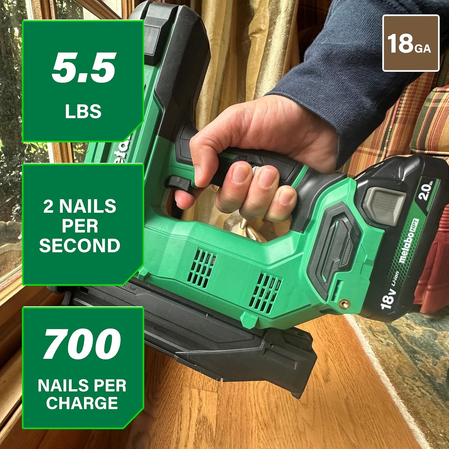 Metabo HPT 18V MultiVolt Compact Cordless Brad Nailer Kit, 18 Gauge Nailer with Power Tool 2.0Ah Lithium Ion Battery, Drives 5/8″ to 2″ Brad Nails, 700 per Charge, NT1850DG(NT1850DG Only)