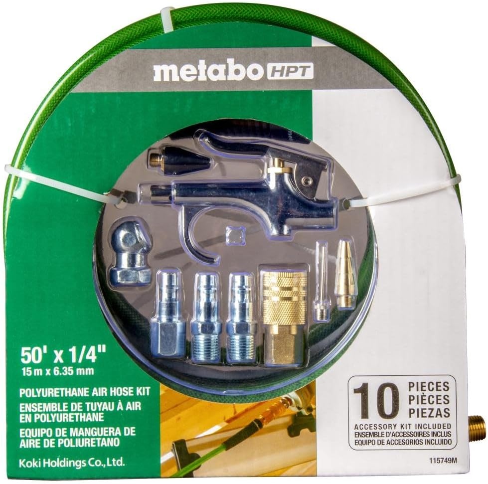 Metabo HPT Air Compressor Accessory Kit | Poly 50 Ft x 1/4-Inch Air Hose w/Accessories | 10 Piece Kit | 115749M((Pack of 1))