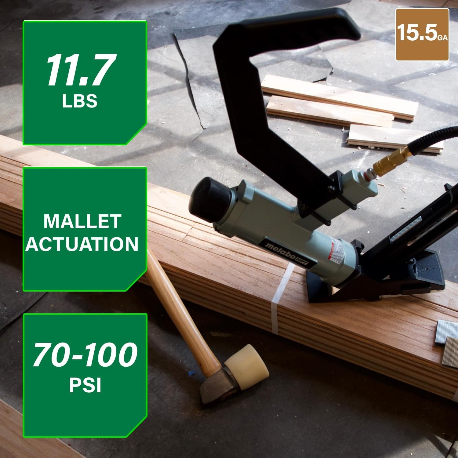 Metabo HPT 2-in-1 Flooring Nailer & Stapler, Accepts 16-Gauge L-Shaped Cleat Nails &15.5-Gauge 1/2-Inch Crown Flooring Staples, Mallet Actuated Pneumatic Operation, N5010AC(N5010AC – Next Gen Model)