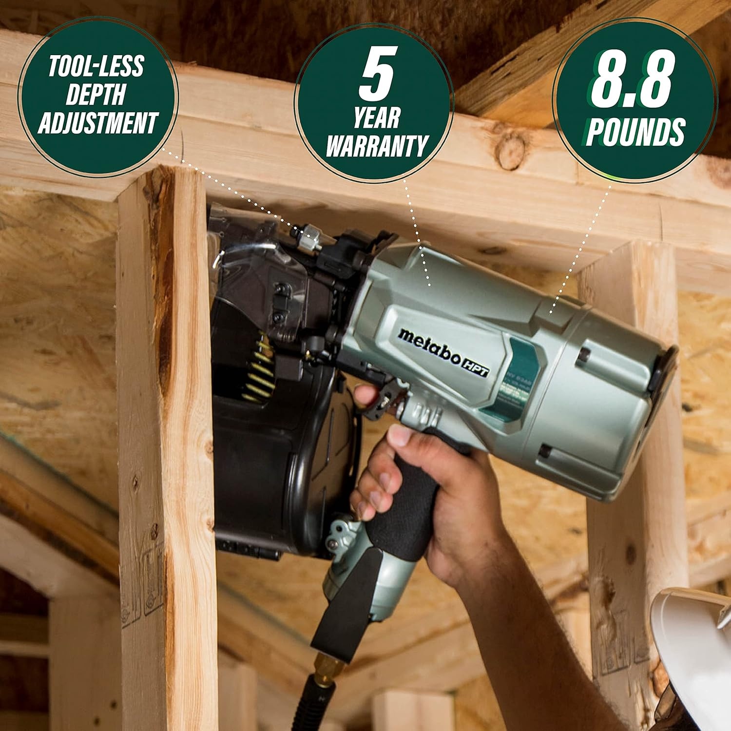 Metabo HPT Coil Framing Nailer | Pro Preferred Brand of Pneumatic Nailers | 15 Degree Magazine | Accepts 2-Inch up to 3-1/4-Inch Nails | Ideal for Wall Sheathing, Roof Decking, & Subflooring | NV83A5(Metabo HPT NV83A5 Only)