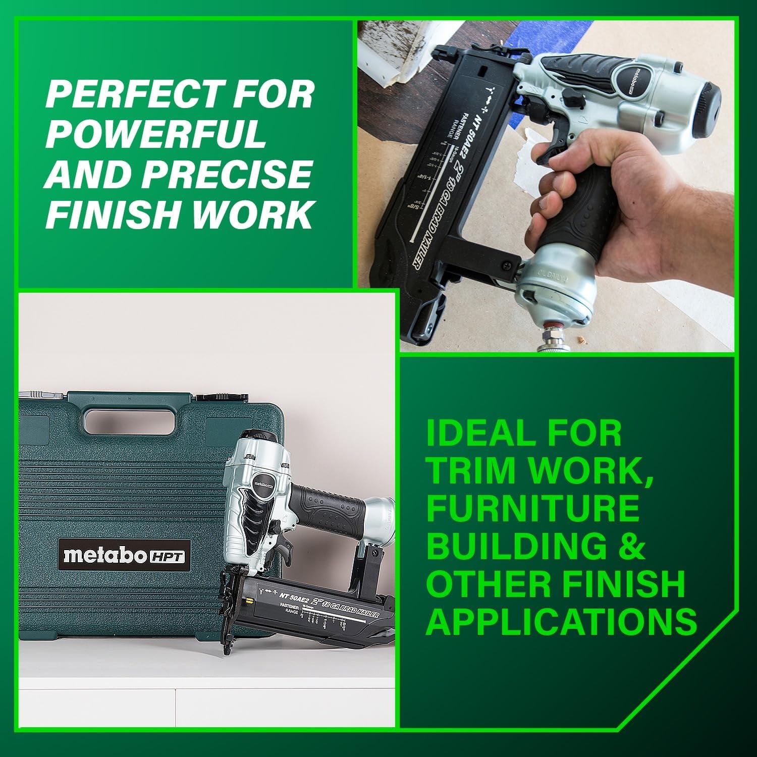 Metabo HPT Brad Nailer, Pro-Preferred Lightweight Pneumatic Power Nailer for Precision Trim Work and Furniture Building, Adjustable Depth, 18 Gauge, 5/8″ up to 2″ Brad Nails, NT50AE2(Loveseat)