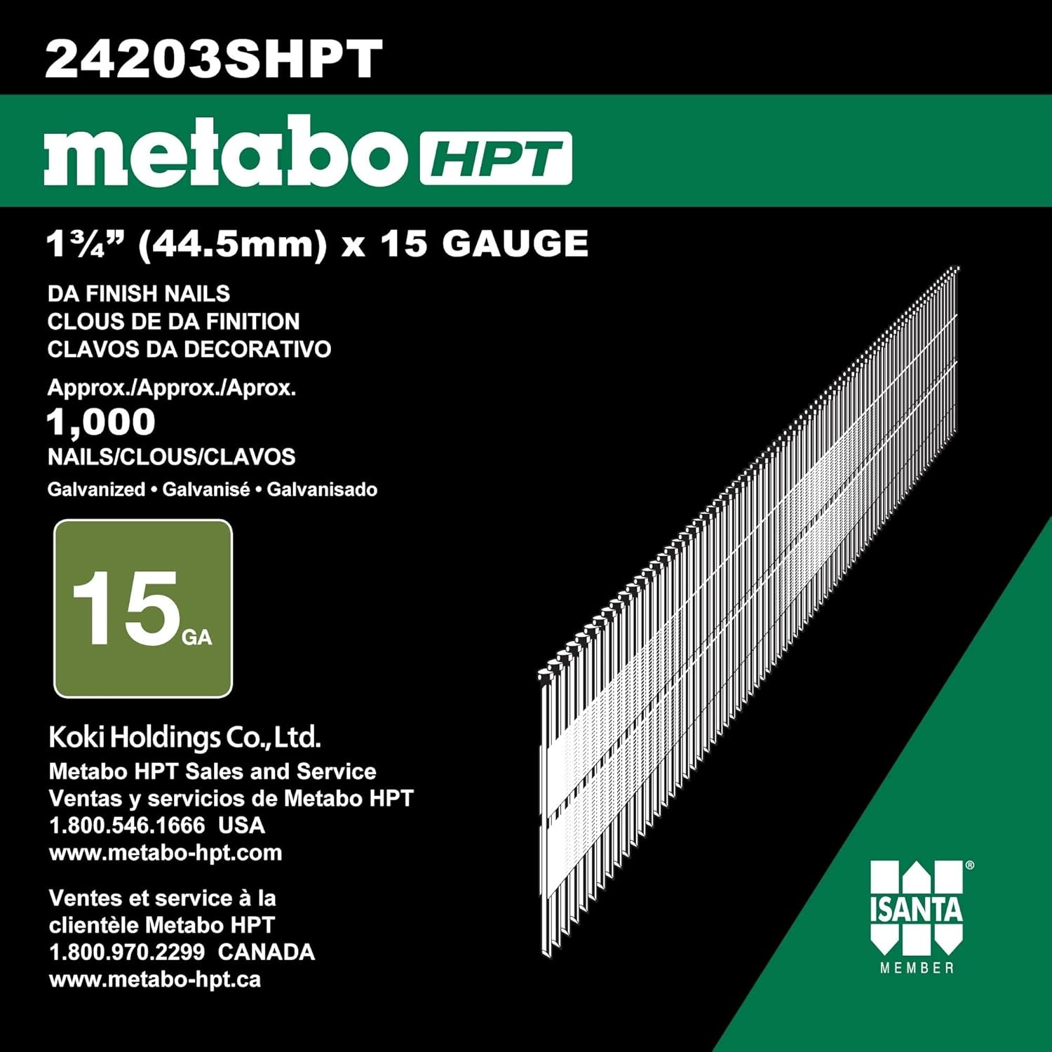 Metabo HPT Finish Nails | 2″ x 15 Gauge | Galvanized | 1000 Count | 24204SHPT(1-3/4″ x 15 GA EG)