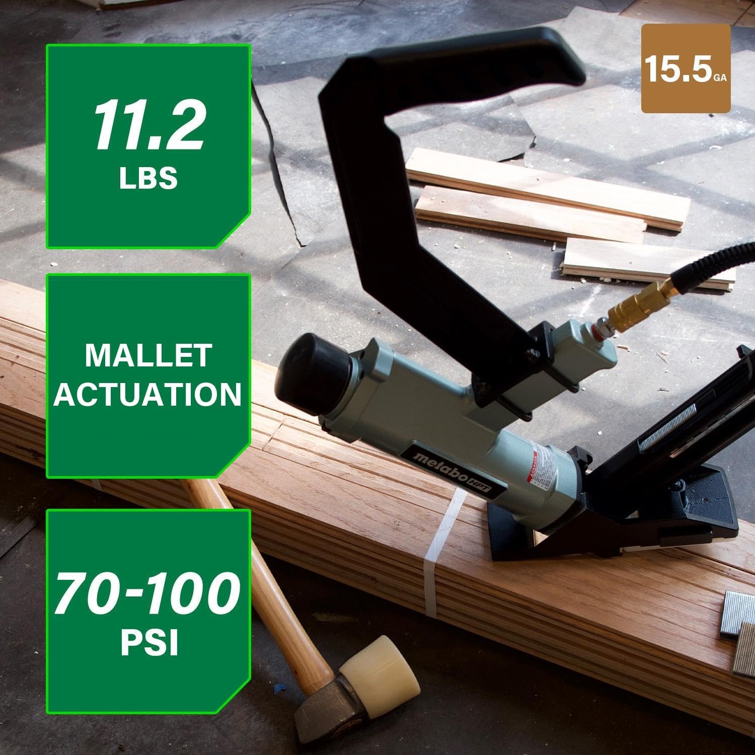 Metabo HPT 2-in-1 Flooring Nailer & Stapler, Accepts 16-Gauge L-Shaped Cleat Nails &15.5-Gauge 1/2-Inch Crown Flooring Staples, Mallet Actuated Pneumatic Operation, N5010AC(N5010AB)