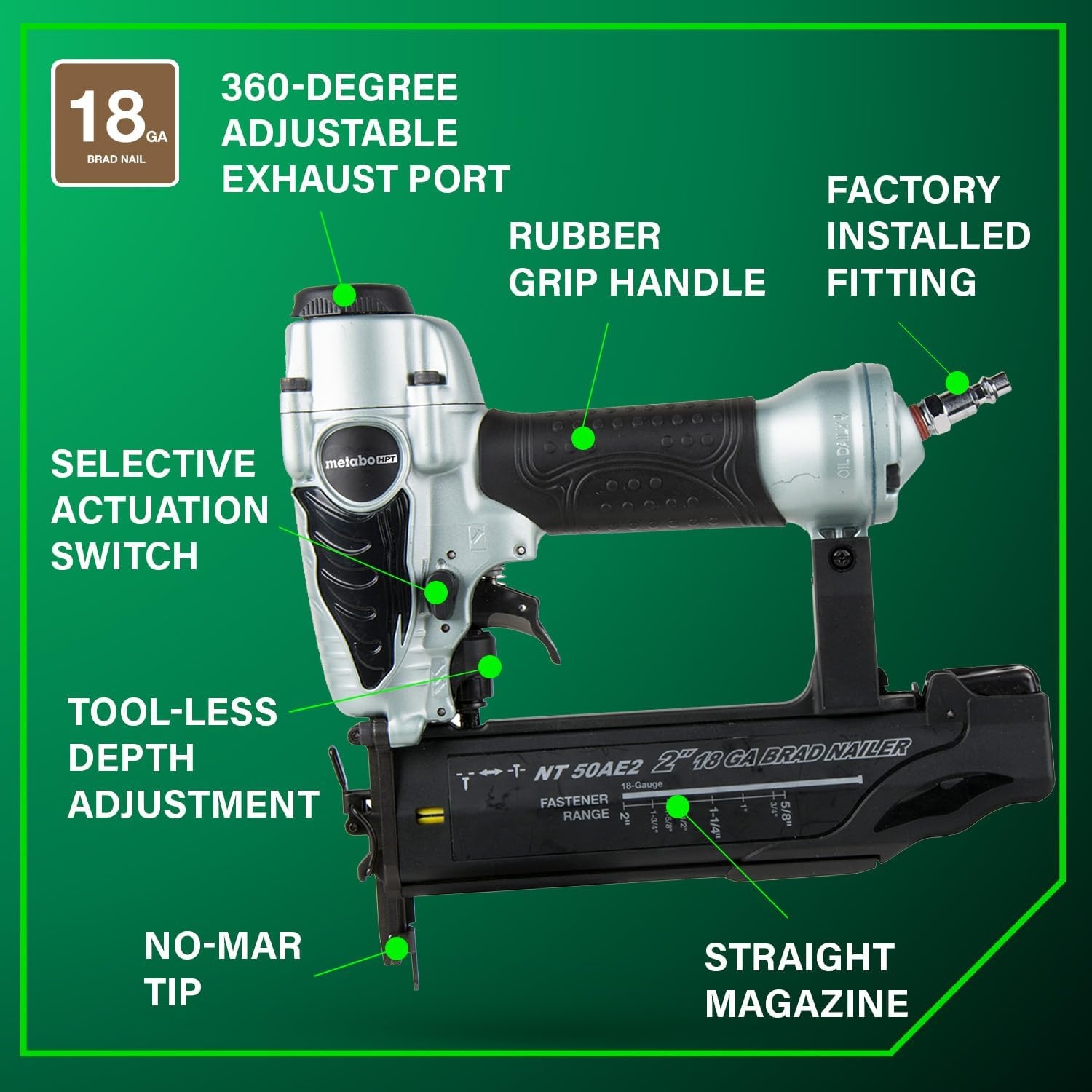 Metabo HPT Brad Nailer, Pro-Preferred Lightweight Pneumatic Power Nailer for Precision Trim Work and Furniture Building, Adjustable Depth, 18 Gauge, 5/8″ up to 2″ Brad Nails, NT50AE2(Loveseat (Pack of 5))