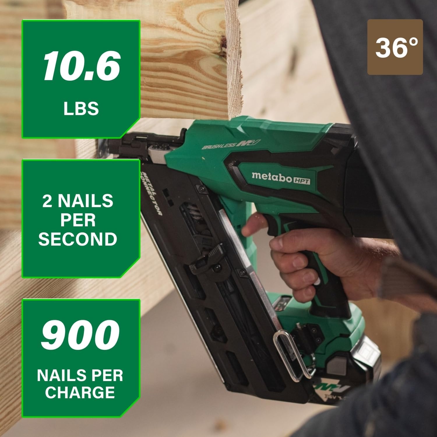 Metabo HPT 36V MultiVolt Cordless Metal Connector Nailer, Power Tool MultiVolt 36V 2.5 Ah Li-ion battery, Pro Tools Innovation Award Winner, Drives 1-1/2″ to 2-1/2″ Nails, 900 per Charge, NR3665DA(36V  2-1/2-Inch – NR3665DA)