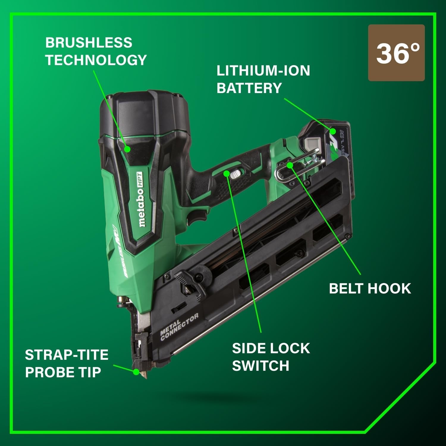 Metabo HPT 36V MultiVolt Cordless Metal Connector Nailer, Power Tool MultiVolt 36V 2.5 Ah Li-ion battery, Pro Tools Innovation Award Winner, Drives 1-1/2″ to 2-1/2″ Nails, 900 per Charge, NR3665DA(36V  2-1/2-Inch – NR3665DA)