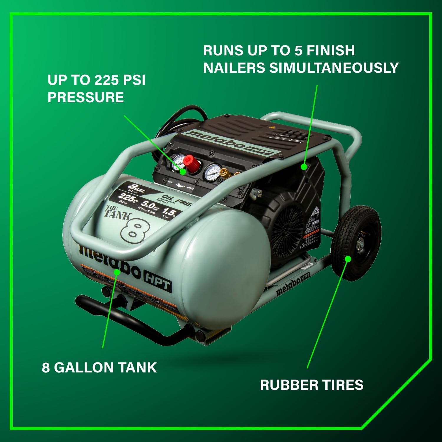 Metabo HPT Air Compressor, THE TANK, 8-Gallon Trolley Air Compressor, 225 PSI, Versatile for Use with Framing, Siding, Finish, or Roofing Nailers, Easy Mobility with Rubber Tires, EC1315S(THE TANK™ 8-Gal)