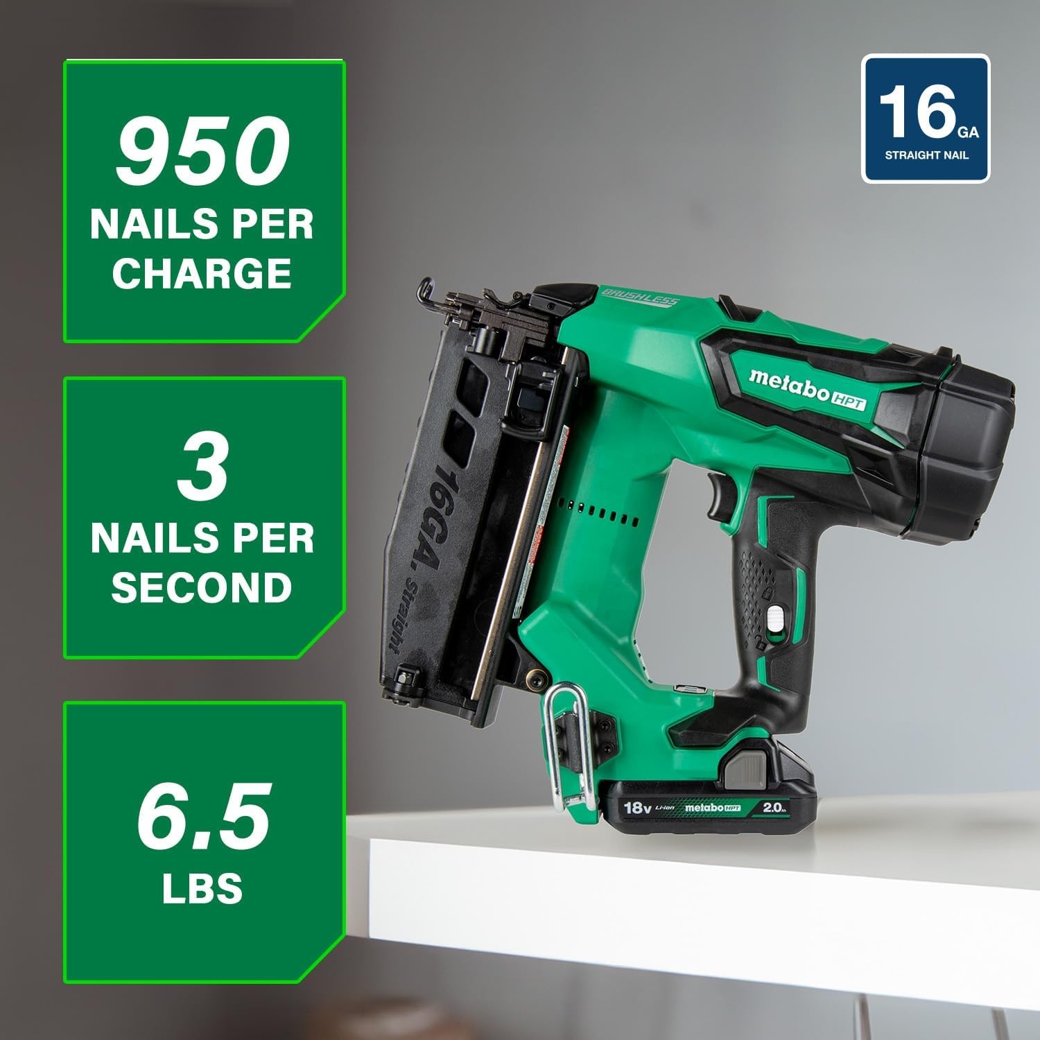Metabo HPT 18V MultiVolt Brushless Pro 16-GA Straight Finish Nailer Kit, 16 Gauge Finish Nailer, Power Tool with 2.0Ah Lithium Ion Battery, 1″ to 2-1/2″ Nails, Powerful Brushless Motor, NT1865DSA(NT1865DMST)