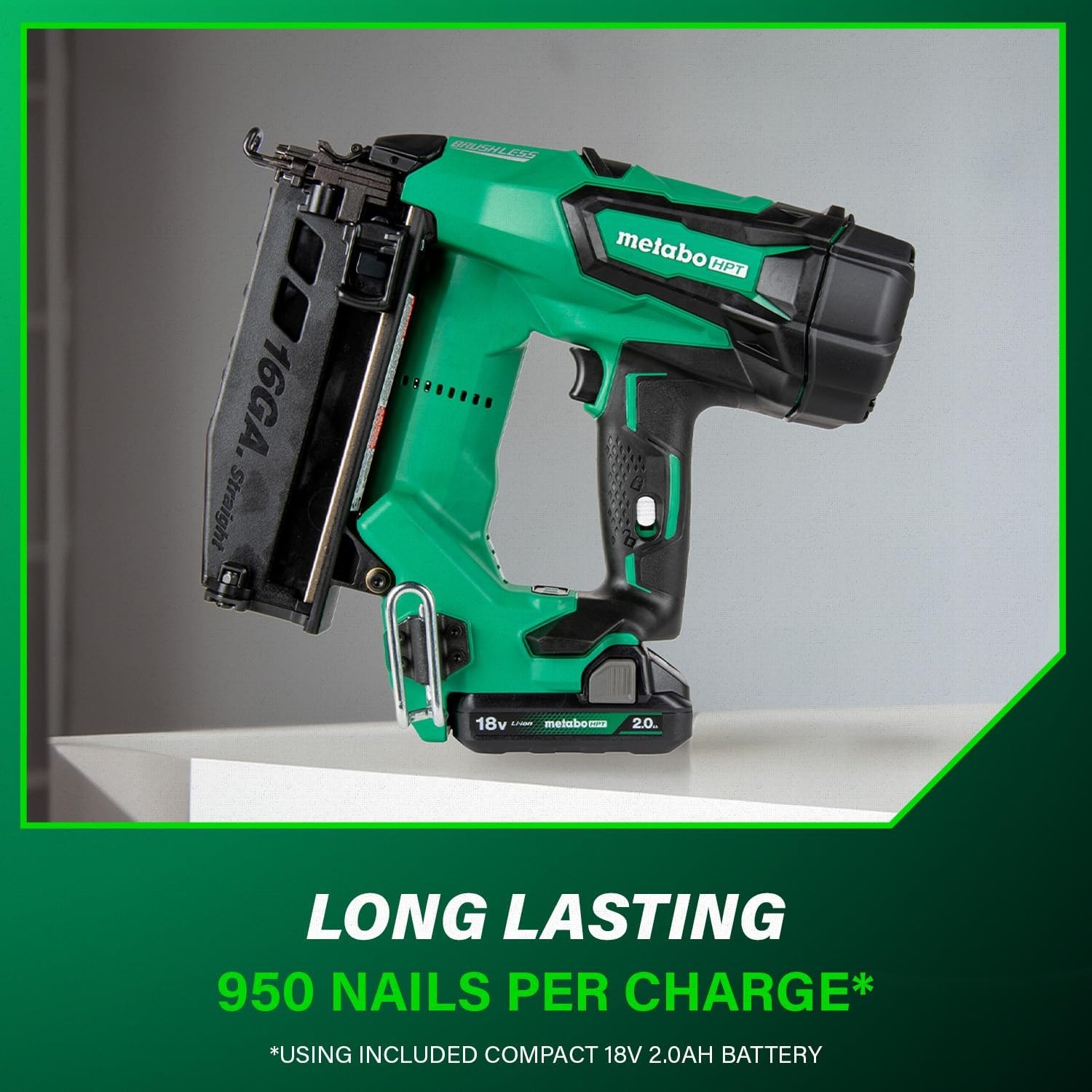 Metabo HPT 18V MultiVolt Brushless Pro 16-GA Straight Finish Nailer Kit, 16 Gauge Finish Nailer, Power Tool with 2.0Ah Lithium Ion Battery, 1″ to 2-1/2″ Nails, Powerful Brushless Motor, NT1865DSA(NT1865DMST)