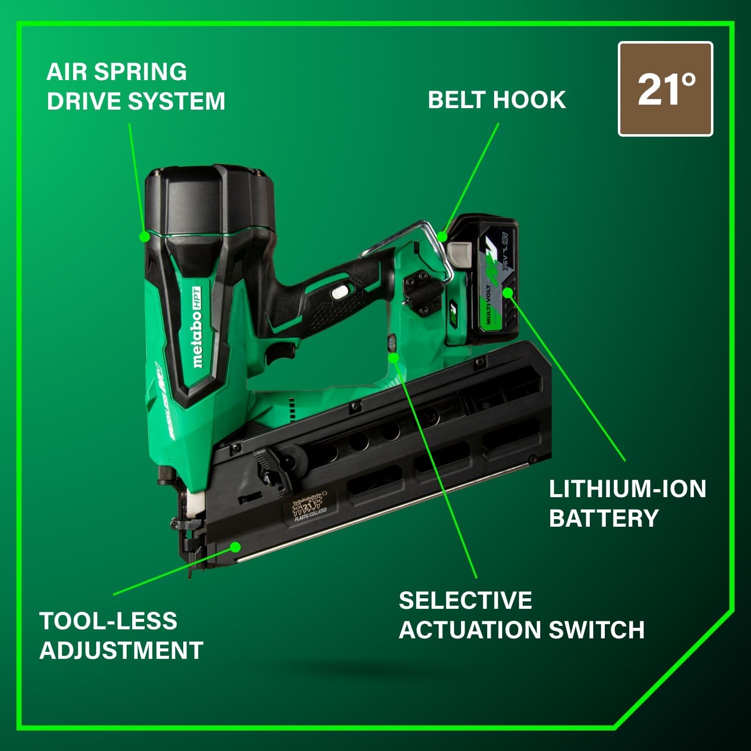 Metabo HPT 36V MultiVolt Cordless Plastic Strip Framing Nailer Kit, 21 Degree Framing Nailer with Power Tool 2.5Ah Lithium Ion Battery, Drives 2″ to 3-1/2″ Nails, NR3690DR