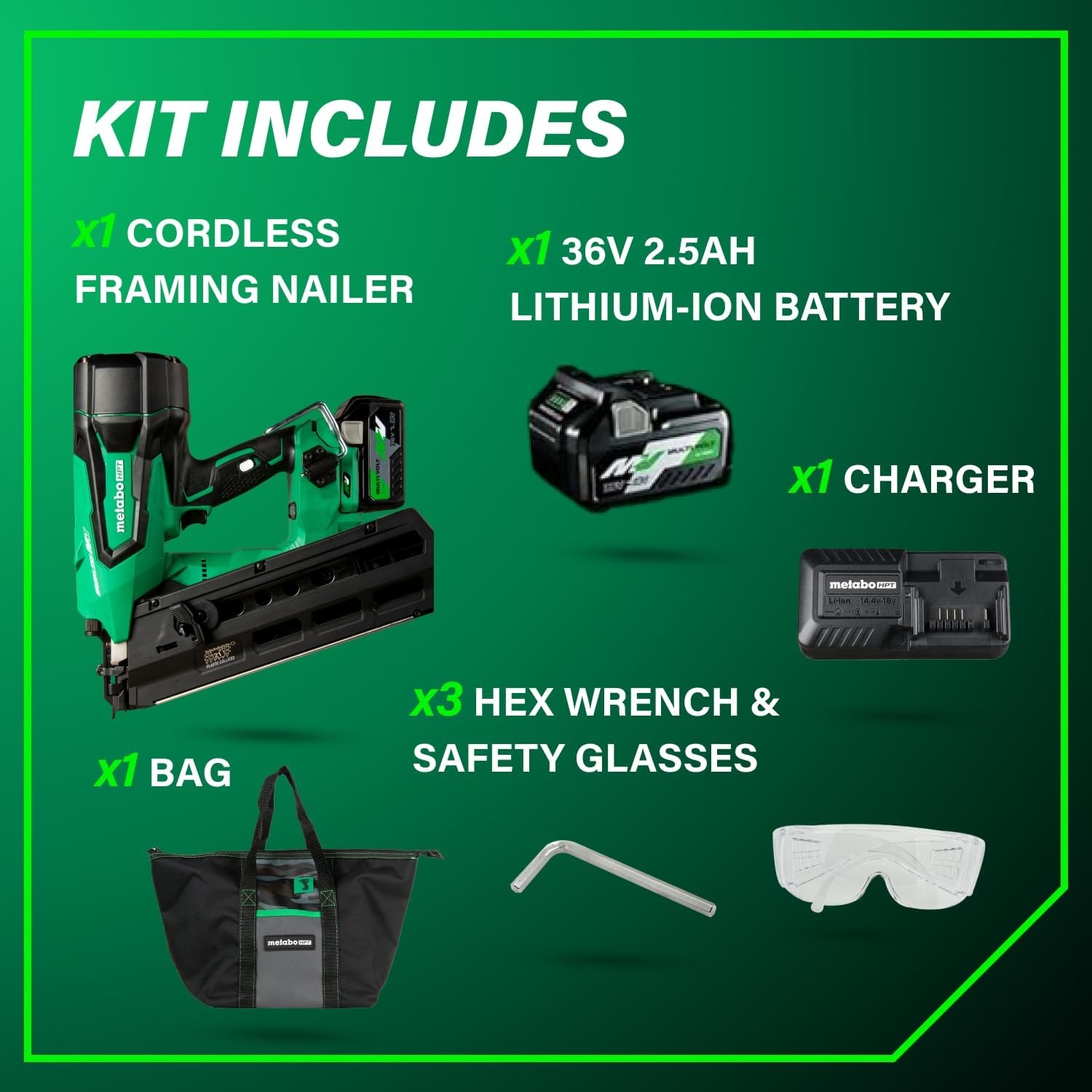 Metabo HPT 36V MultiVolt Cordless Plastic Strip Framing Nailer Kit, 21 Degree Framing Nailer with Power Tool 2.5Ah Lithium Ion Battery, Drives 2″ to 3-1/2″ Nails, NR3690DR