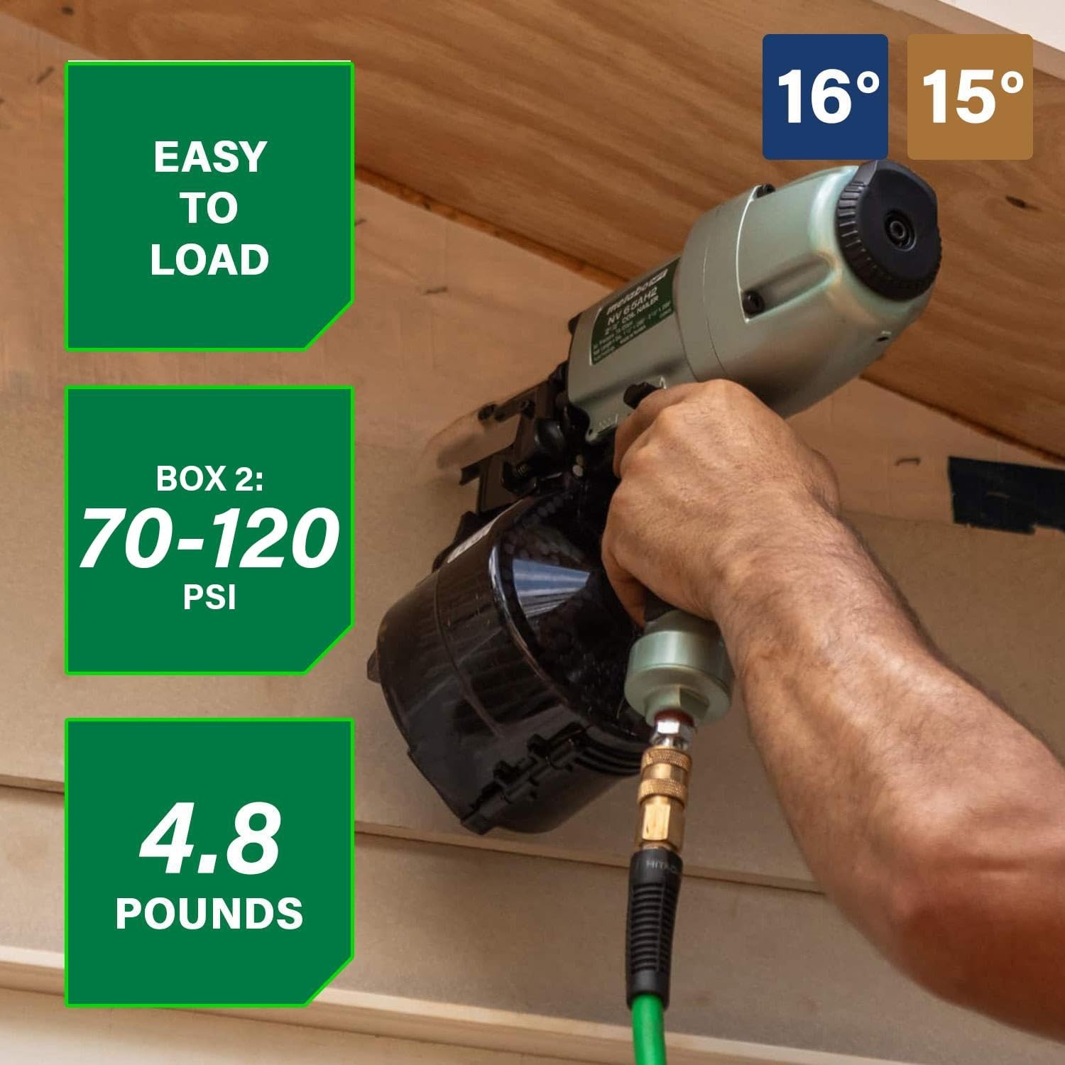 Metabo HPT Coil Siding Nailer, Pro-preferred Pneumatic Power Nailers in Siding Tools, For Sheathing, Decking & Fencing, 15° Plastic Collated Nails and 16° Wire Coil Nails, NV65AH2(NV65AH2 Only)