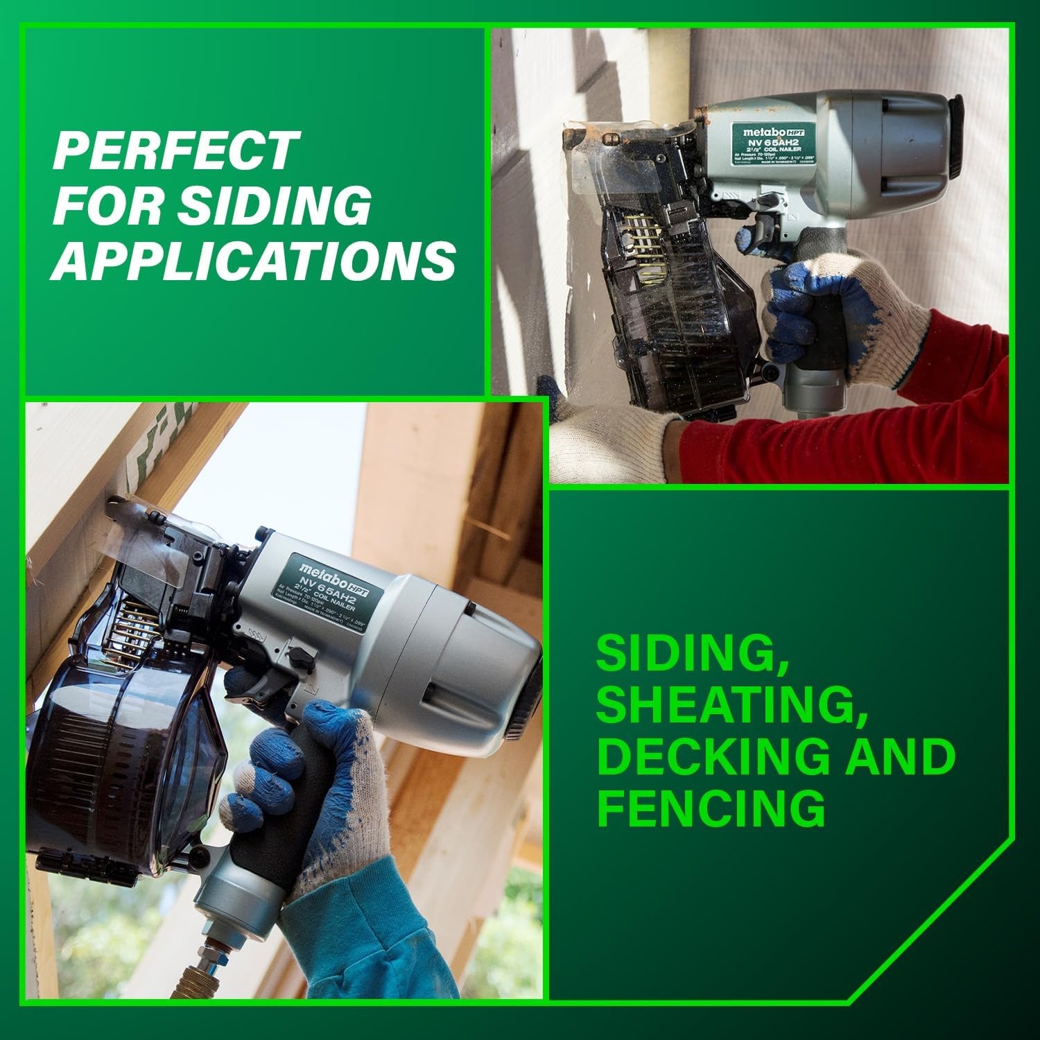 Metabo HPT Coil Siding Nailer, Pro-preferred Pneumatic Power Nailers in Siding Tools, For Sheathing, Decking & Fencing, 15° Plastic Collated Nails and 16° Wire Coil Nails, NV65AH2(NV65AH2 Only)