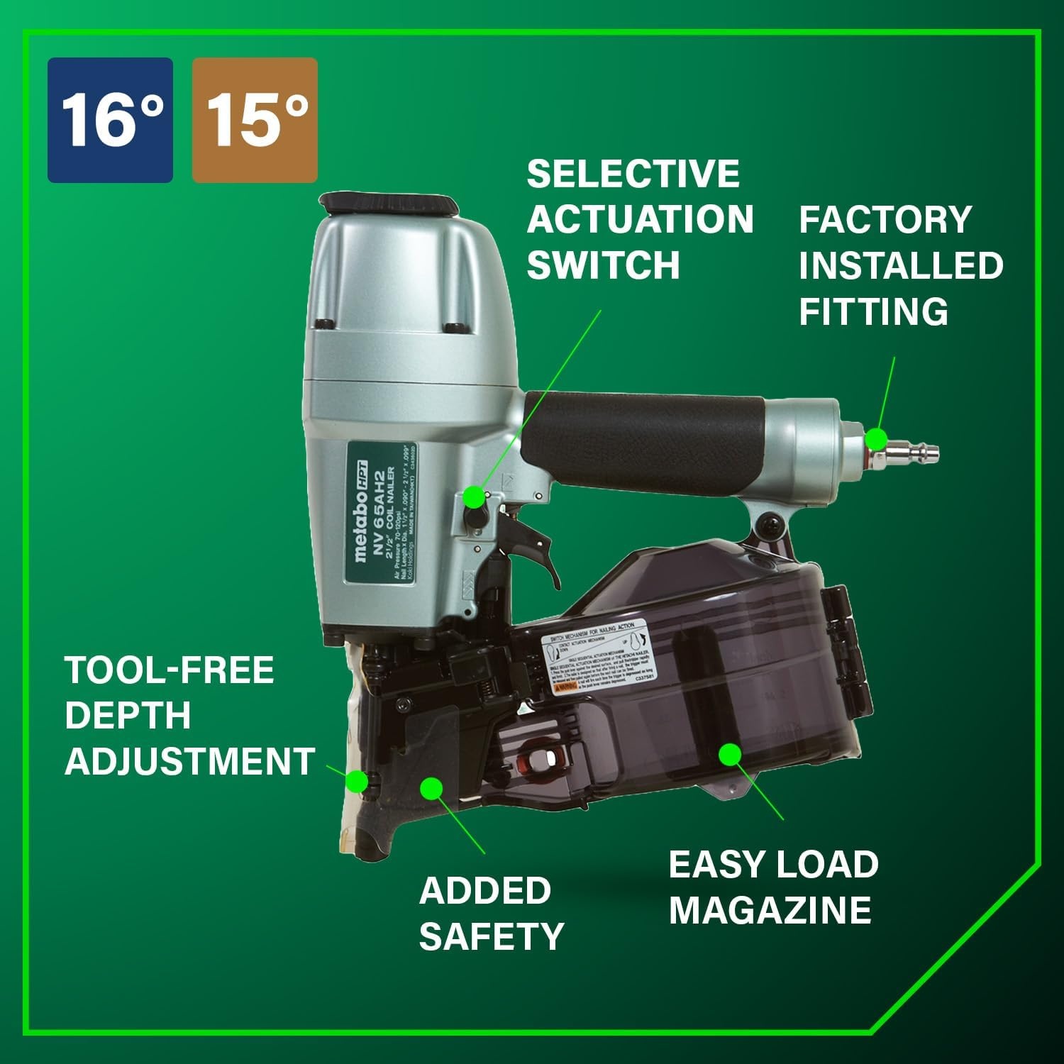 Metabo HPT Coil Siding Nailer, Pro-preferred Pneumatic Power Nailers in Siding Tools, For Sheathing, Decking & Fencing, 15° Plastic Collated Nails and 16° Wire Coil Nails, NV65AH2(NV65AH2 Only)