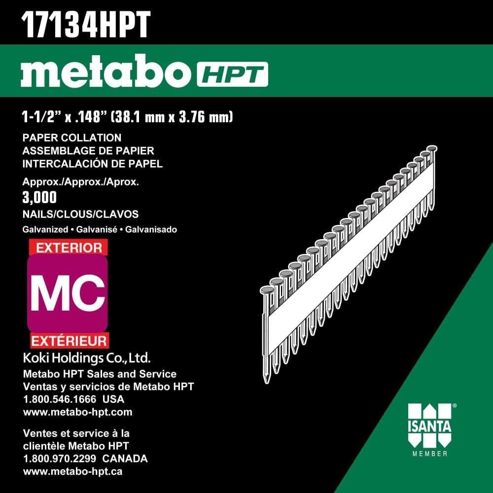 Metabo HPT Framing Nails | 1-1/2 in. x .148 in | Metal Connector, Paper Tape | 36 Degree, Strap-Tite | Smooth Shank | Heat Treated, Hot-Dipped Galvanized | 3,000 Count | 17134HPT