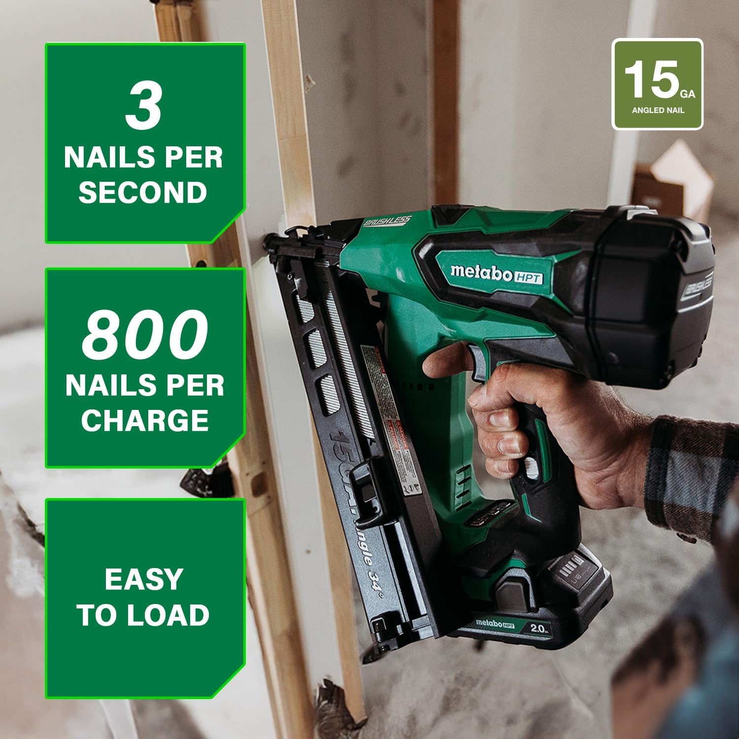 Metabo HPT 18V MultiVolt Brushless Pro 15-GA Angled Finish Nailer Kit, 15 Gauge Finish Nailer, Power Tool with 2.0Ah Lithium Ion Battery, 1-1/4″ to 2-1/2″ Nails, Powerful Brushless Motor, NT1865DAA(NT1865DMAST)