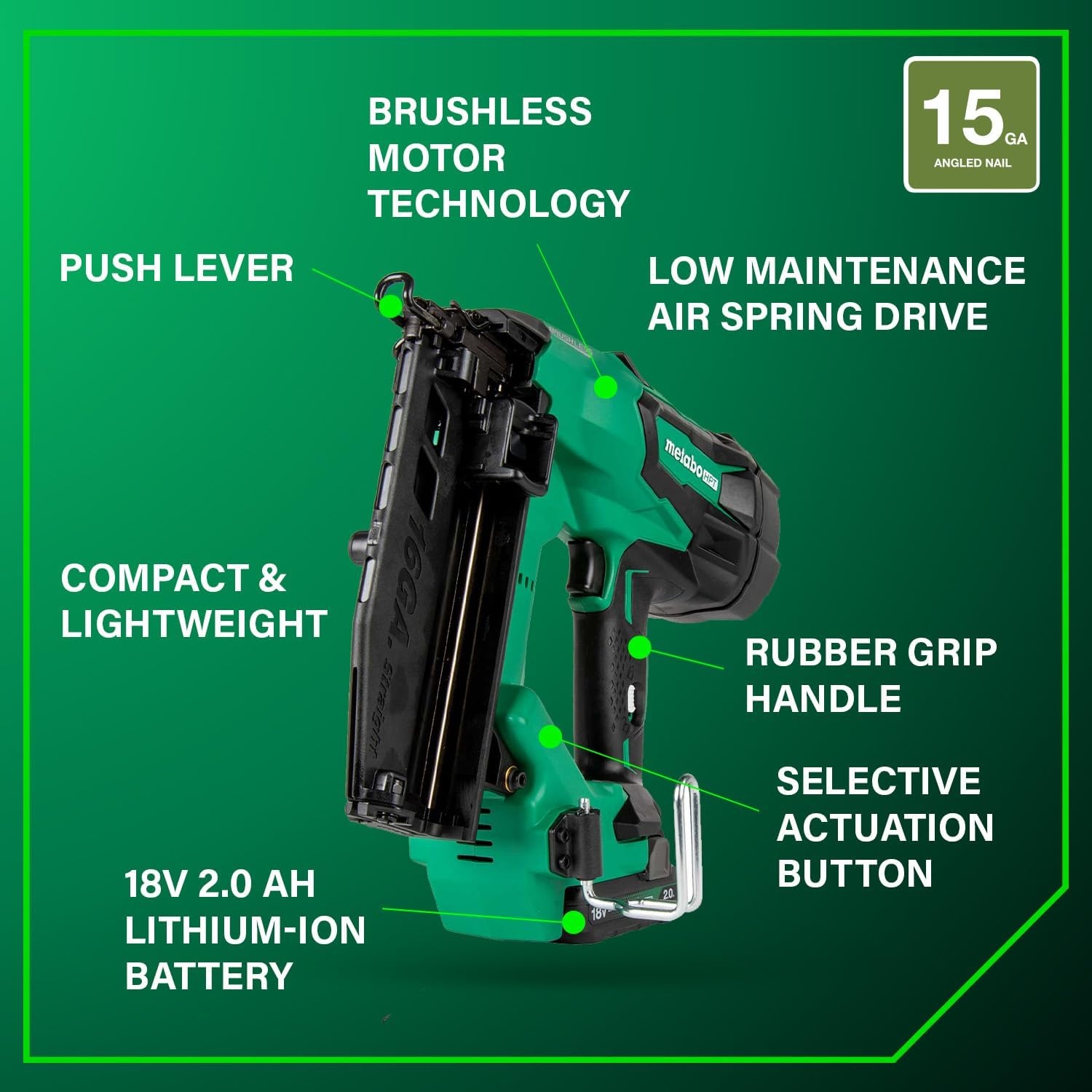 Metabo HPT 18V MultiVolt Brushless Pro 15-GA Angled Finish Nailer Kit, 15 Gauge Finish Nailer, Power Tool with 2.0Ah Lithium Ion Battery, 1-1/4″ to 2-1/2″ Nails, Powerful Brushless Motor, NT1865DAA(NT1865DMAST)