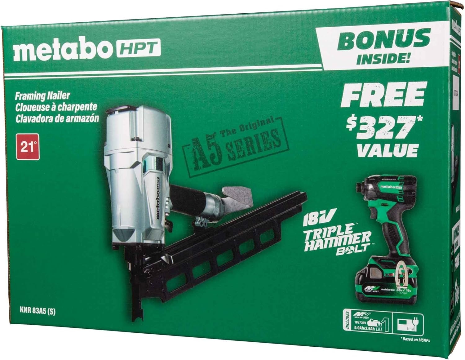Metabo HPT Framing Nailer, Pro-Preferred Pneumatic Power Nailer & Framing Tool For Flooring, Roof Decking & More, Rapid Response Cylinder Valve, 21° 2″ to 3-1/4″ Plastic Collated Nails, NR83A5(S)(NR83A5(S) + BONUS Impact Driver Kit)