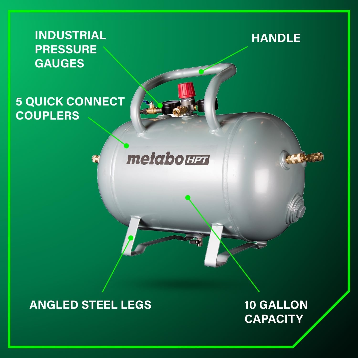 Metabo HPT Reserve Air Tank, High Capacity 10 Gallon Air Tank, ASME Certified, 5 Quick Connect Couplers, Industrial Pressure Gauges, Angled Steel Legs for Stability, UA3810AB
