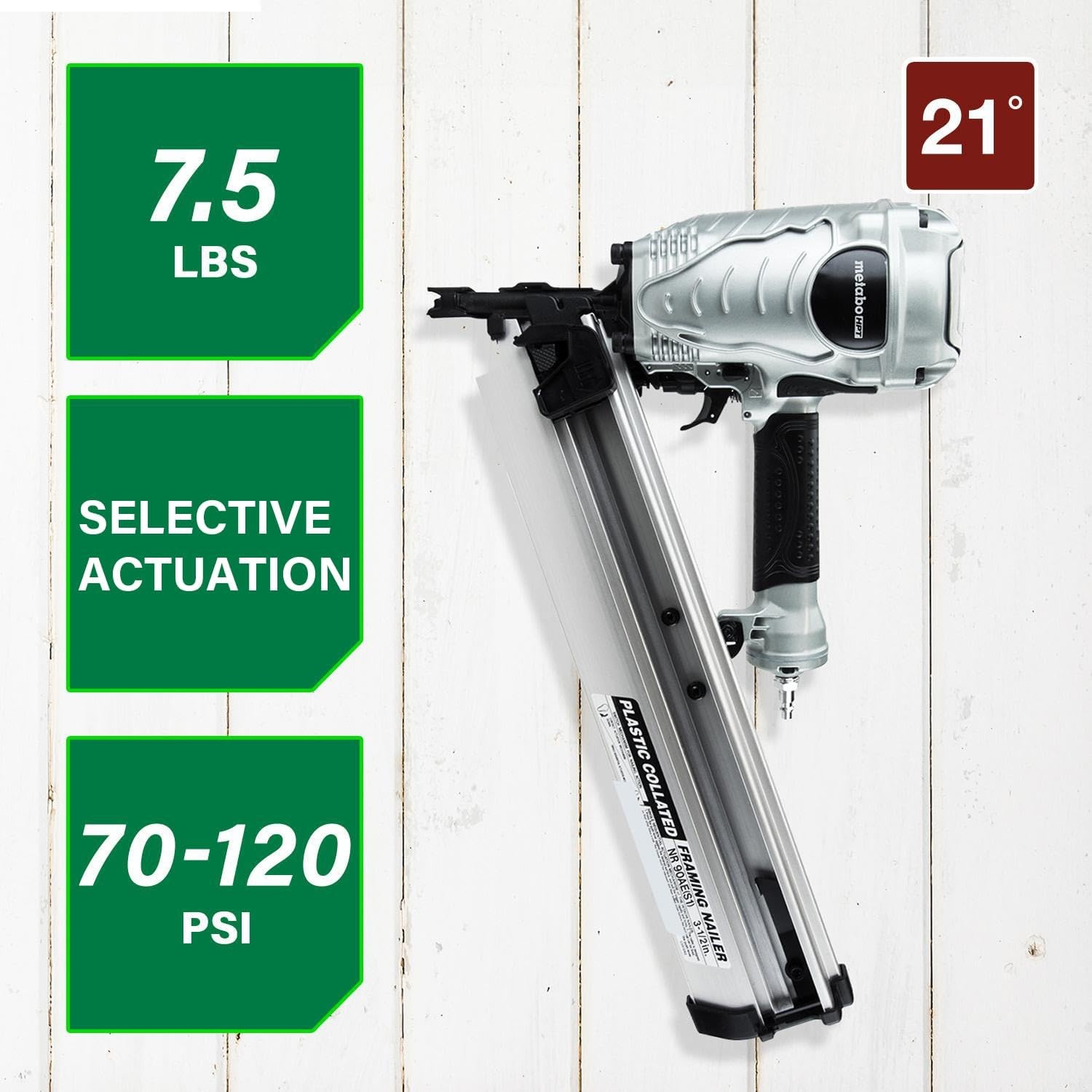 Metabo HPT Framing Nailer, Pro-Preferred Power Nailer for Flooring, Roof Decking, and More, Lightweight 7.5 lbs Framing Tool for 21° 2″ to 3-1/2″ Plastic Collated Nails, NR90AES1(NR90AES1 Only)