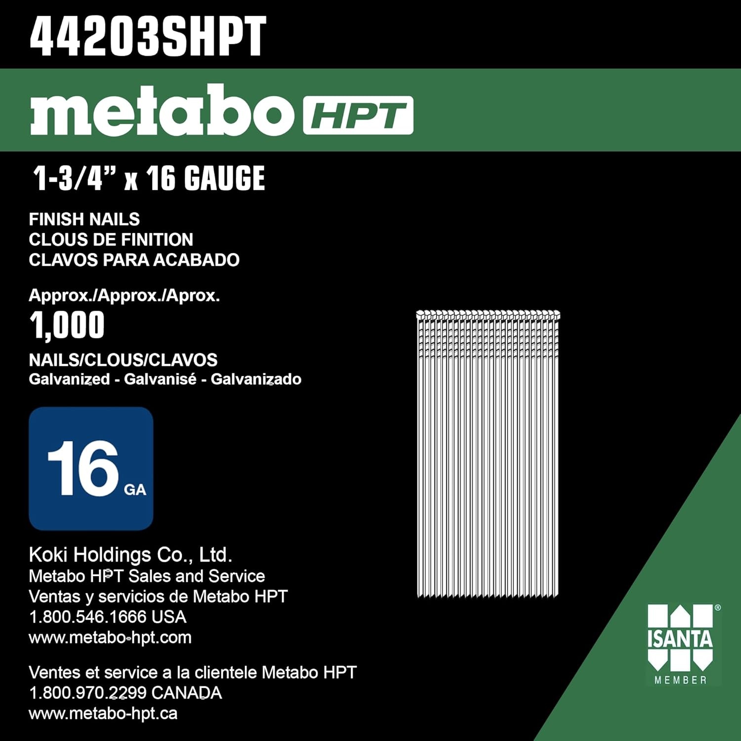 Metabo HPT 44200SHPT 1″ x 16 Gauge Electro Galvanized Finish Nails For NT65M2S | NT65GSP9 | NT1865DM | 1000 Count(1-3/4″ x 16 GA EG)