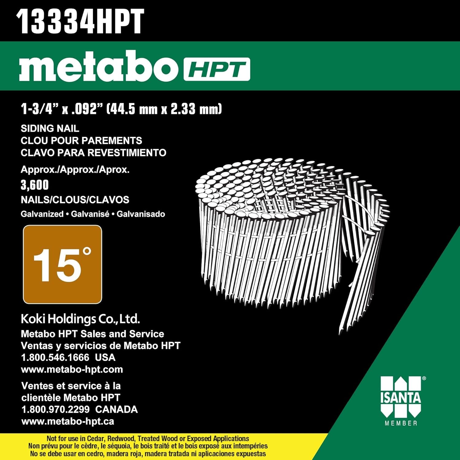 Metabo HPT | 1-3/4 in. x 0.092 in. | Ring Shank Electro-Galvanized | Wire Coil Siding Nails | 3600 Count | 13334HPT