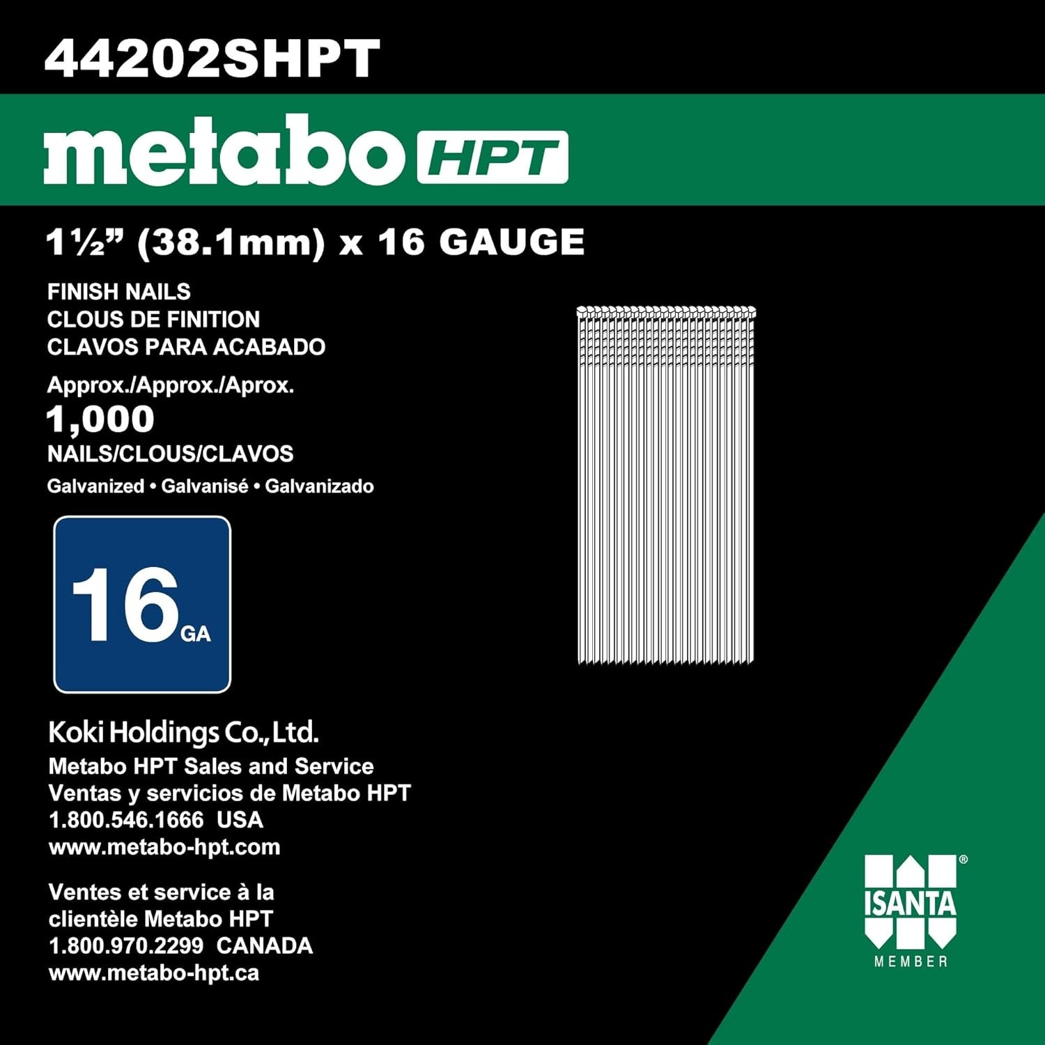 Metabo HPT 44200SHPT 1″ x 16 Gauge Electro Galvanized Finish Nails For NT65M2S | NT65GSP9 | NT1865DM | 1000 Count(1-1/2″ x 16 GA EG)