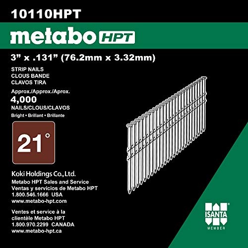 Metabo HPT Framing Nails | 3 in. x .131 | 21 Degree | Full Round Head | Smooth Shank | Bright Basic | Plastic Strip | 4,000 Count | 10110HPT