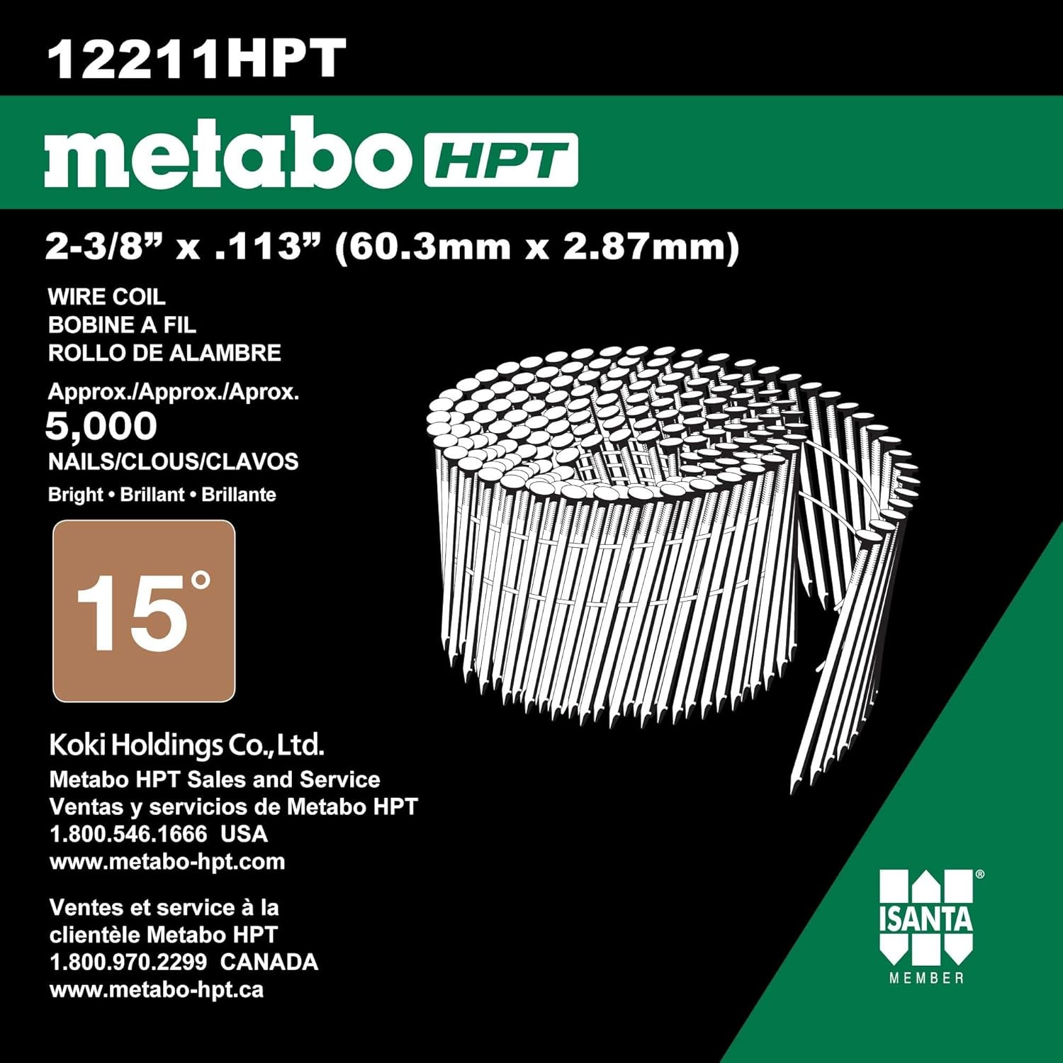 Metabo HPT Framing Nails | 2-3/8 Inch x 0.113 | 15 Degree | Full Round Head | Ring Shank | Wire Coil | Bright Basic | 5,000 Count | 12211HPT