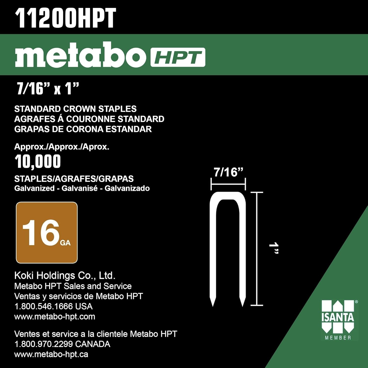 Metabo HPT 11200HPT 16 Gauge Galvanized Standard Crown Staple 7/16 In. x 1 In. 16 Gauge Staples, 10000 Count