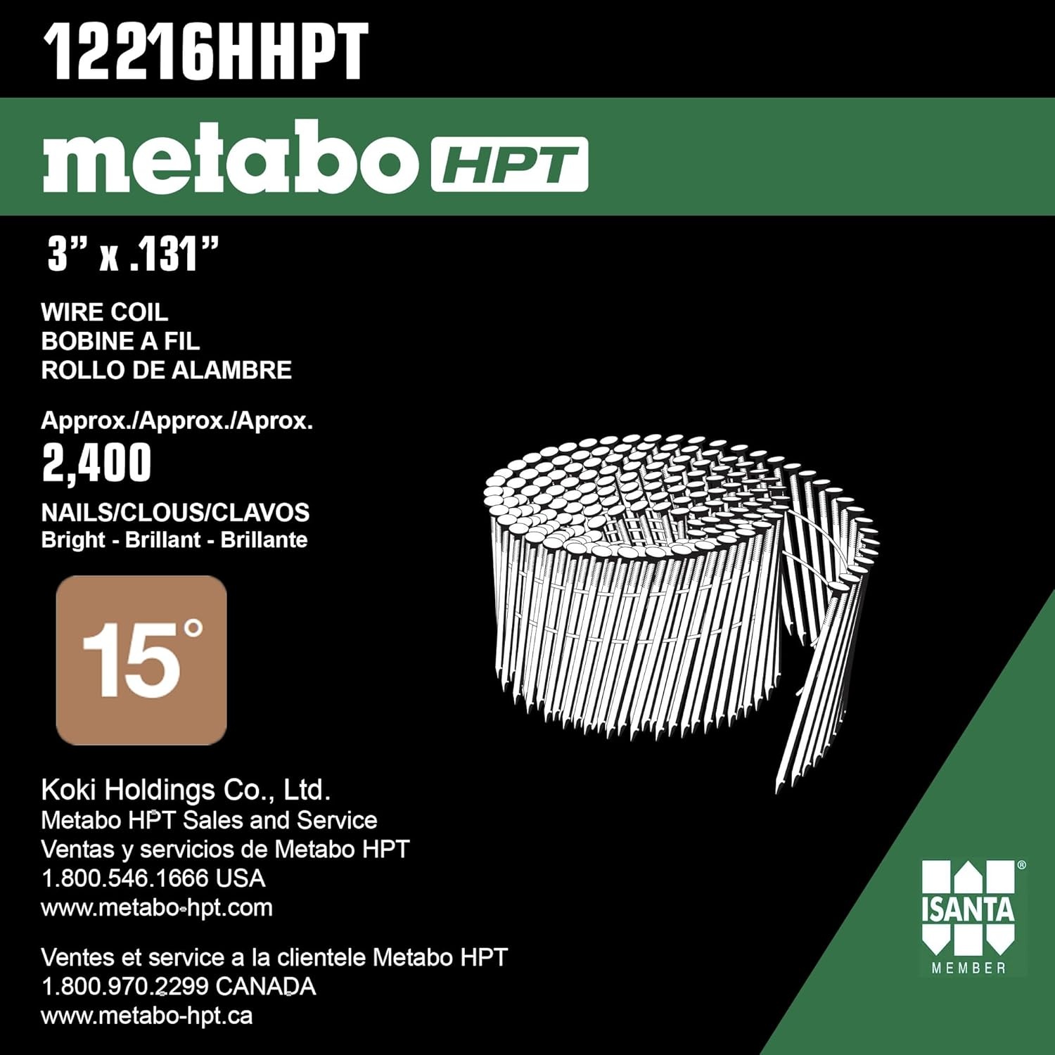 Metabo HPT 12216HHPT 3 in. x 0.131-Gauge Bright Smooth Round Head Wire Coil Framing Nails for NV90AG | NV83A4 | 2400 Count