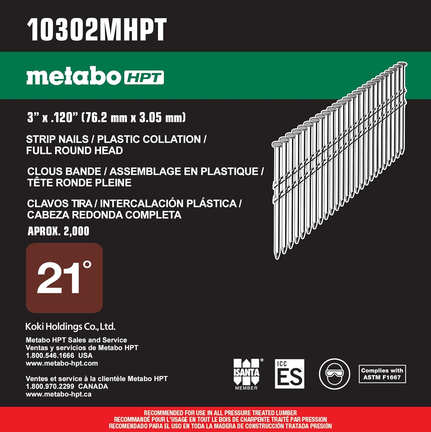 Metabo HPT Framing Nails | 3 In. x .120 | 21 Degree | Full Round Head | Ring Shank | Hot Dipped Galvanized | 2,000 Count | 10302MHPT