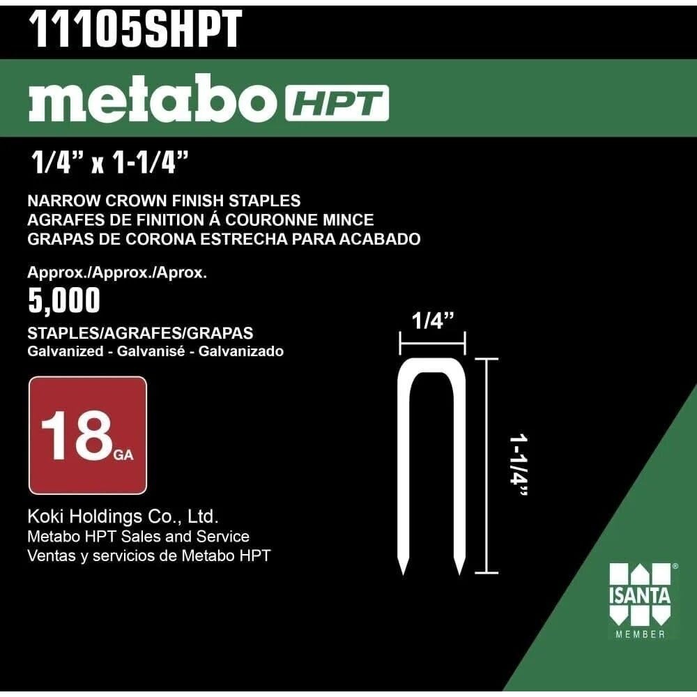 Metabo HPT Finish Staples | 1/4″ x 1-1/4″, 18 Gauge | Electro Galvanized, For N3804AB3 | 5000 Count | 11105SHPT(18 Gauge x 1-1/4-In x 1/4-In)