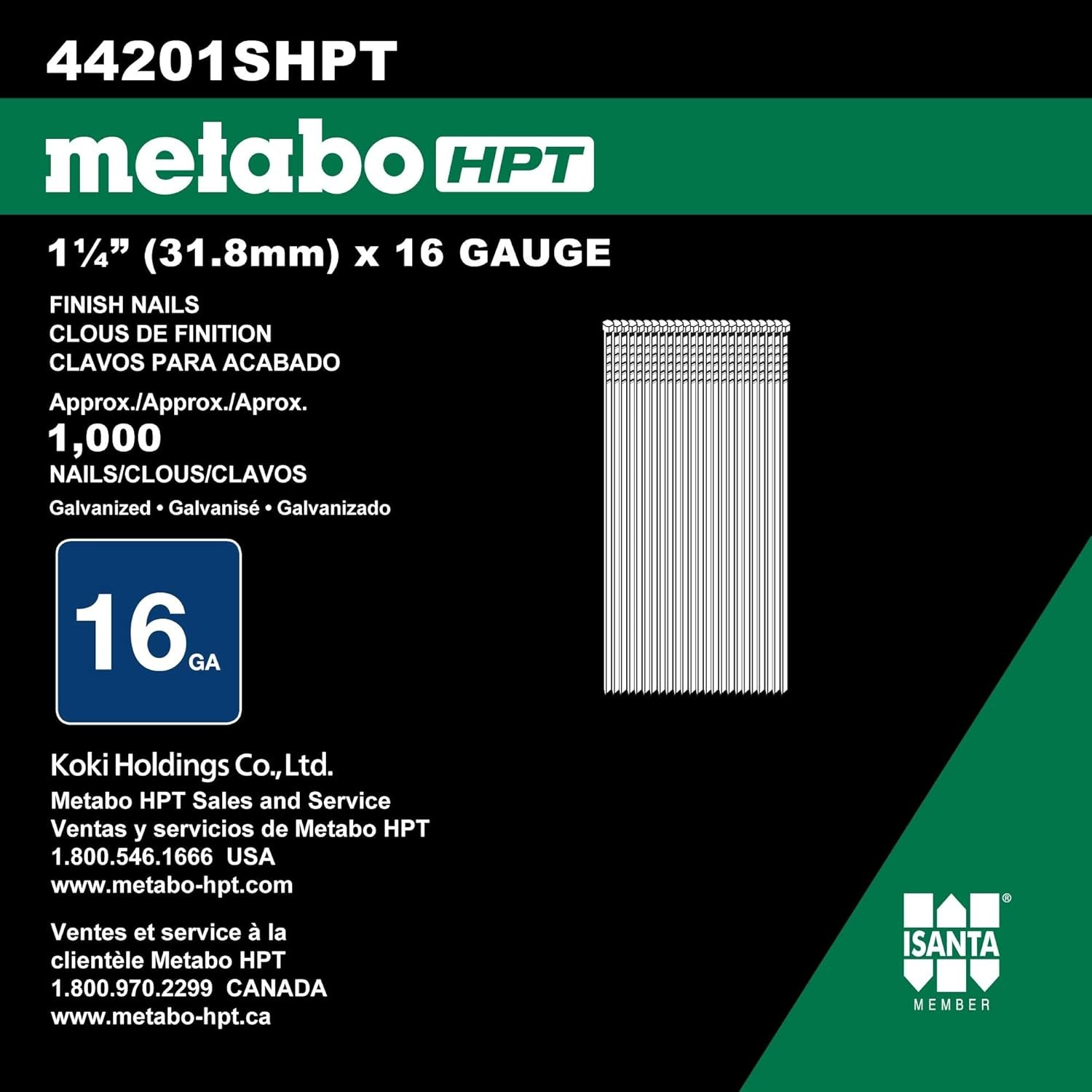 Metabo HPT 44200SHPT 1″ x 16 Gauge Electro Galvanized Finish Nails For NT65M2S | NT65GSP9 | NT1865DM | 1000 Count(1-1/4″ x 16 GA EG)