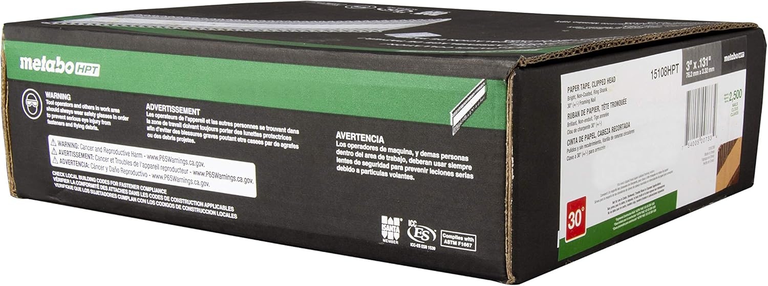 Metabo HPT 15108HPT Clipped Head Paper Tape Framing Nails 3″ x .131 RG BS CLH | 2500 Count