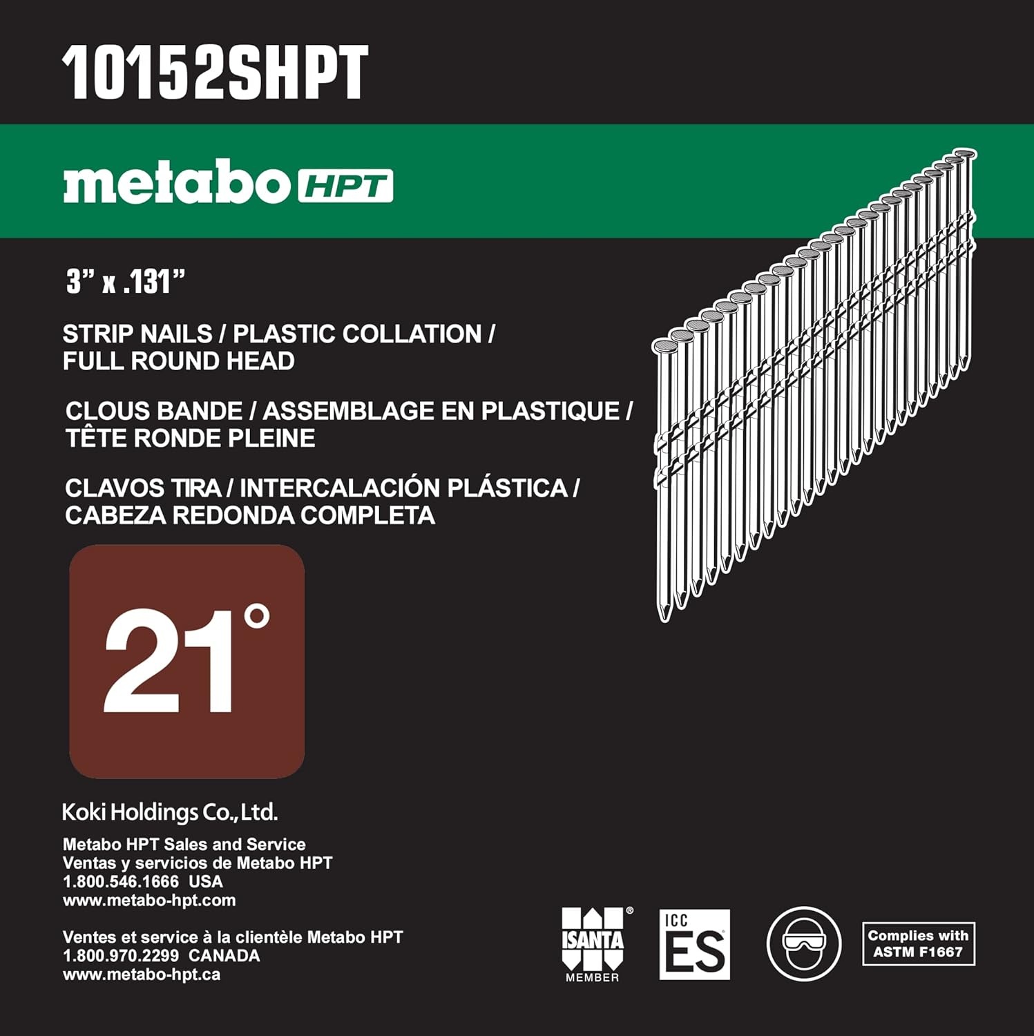 Metabo HPT Framing Nails, 3″ x .131, RG, 304, Full Round Head, Stainless Steel, Plastic Strip, 1000 Count (10152SHPT)
