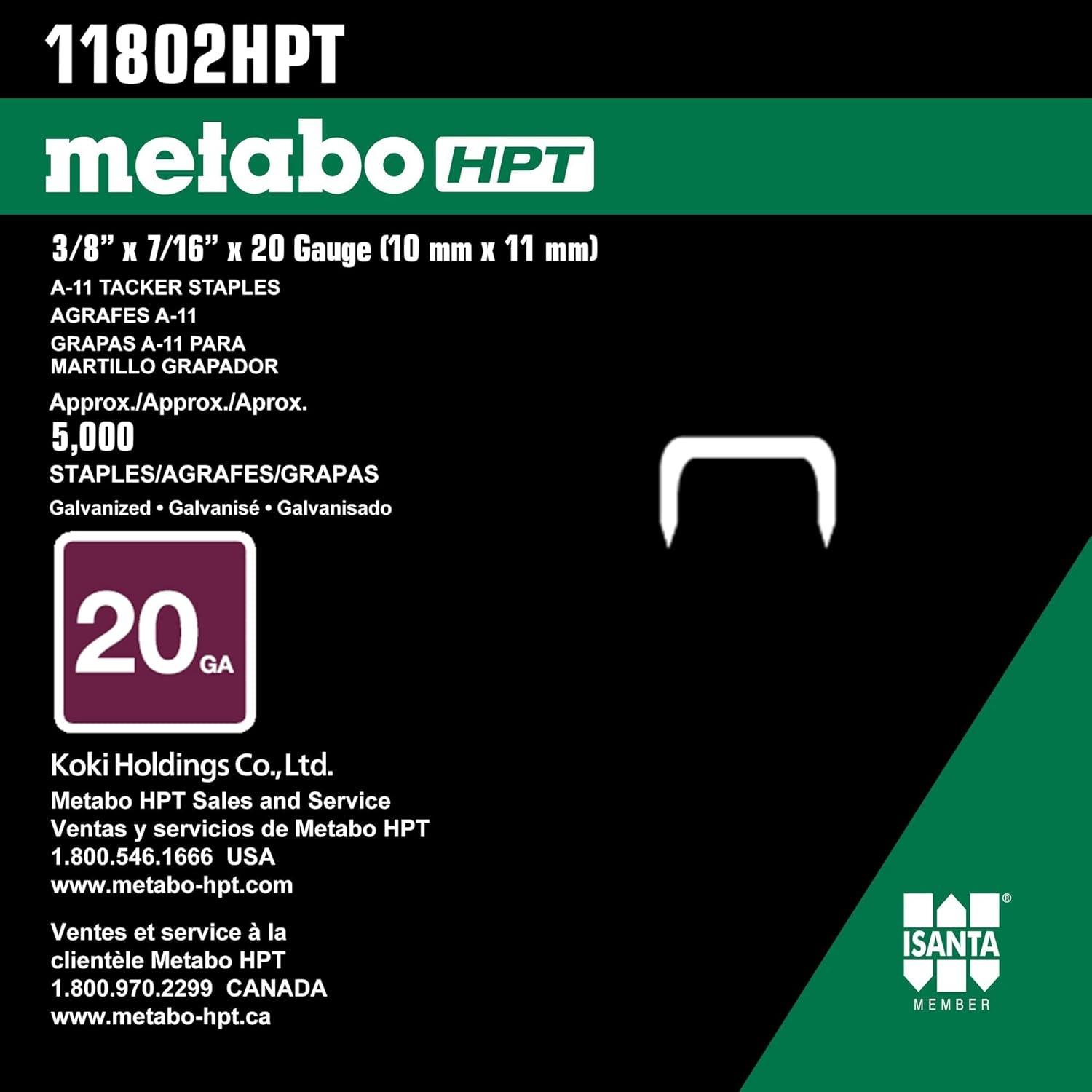 Metabo HPT 11802HPT 20 Ga Galvanized Staples 7/16″ Crown 7/16″ x 3/8″ 20 Ga EG | 5000 Count