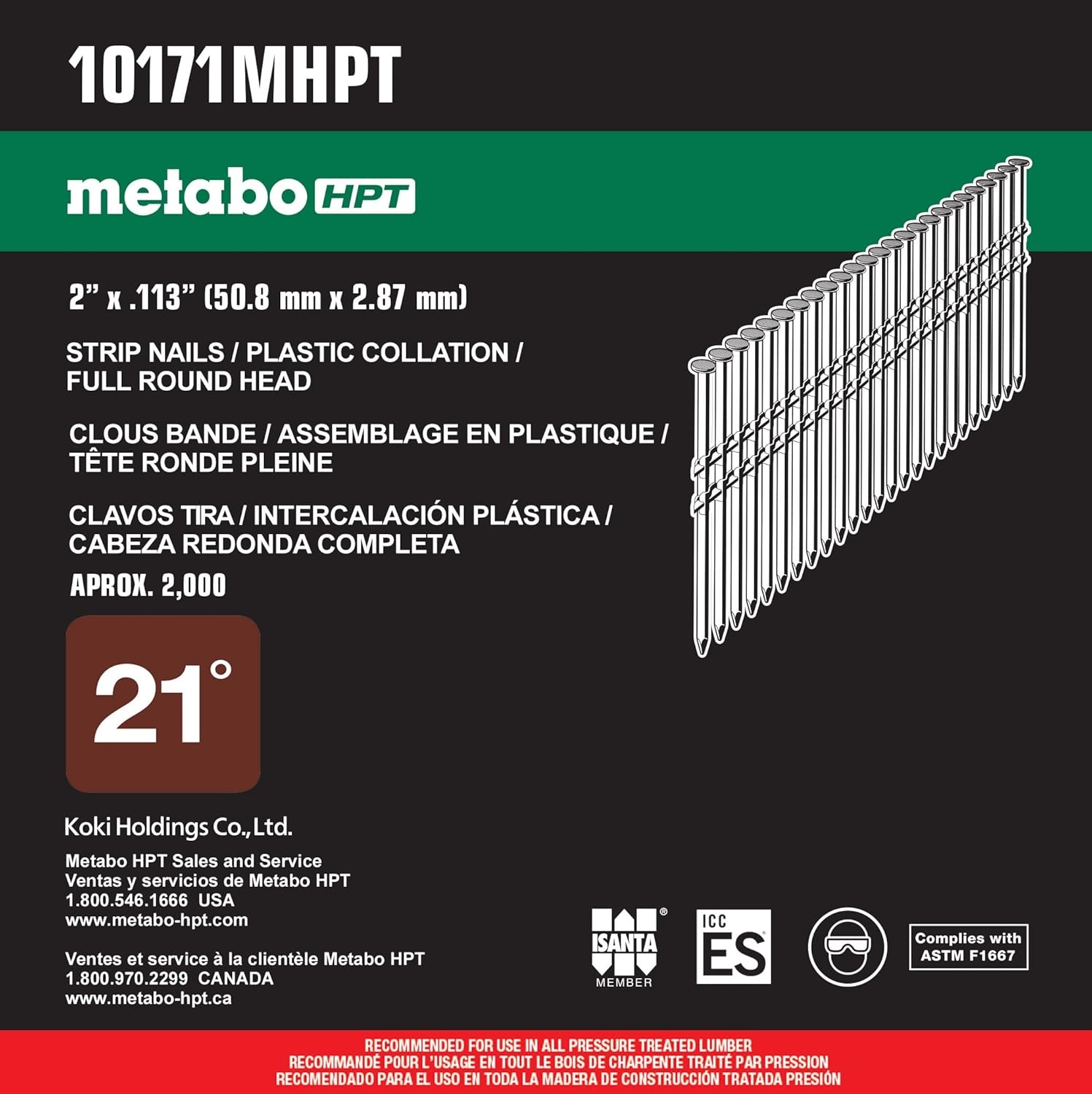 Metabo HPT Framing Nails | 2 In. x .113 | 21 Degree | Full Round Head | Ring Shank | Hot Dipped Galvanized | 2,000 Count | 10171MHPT