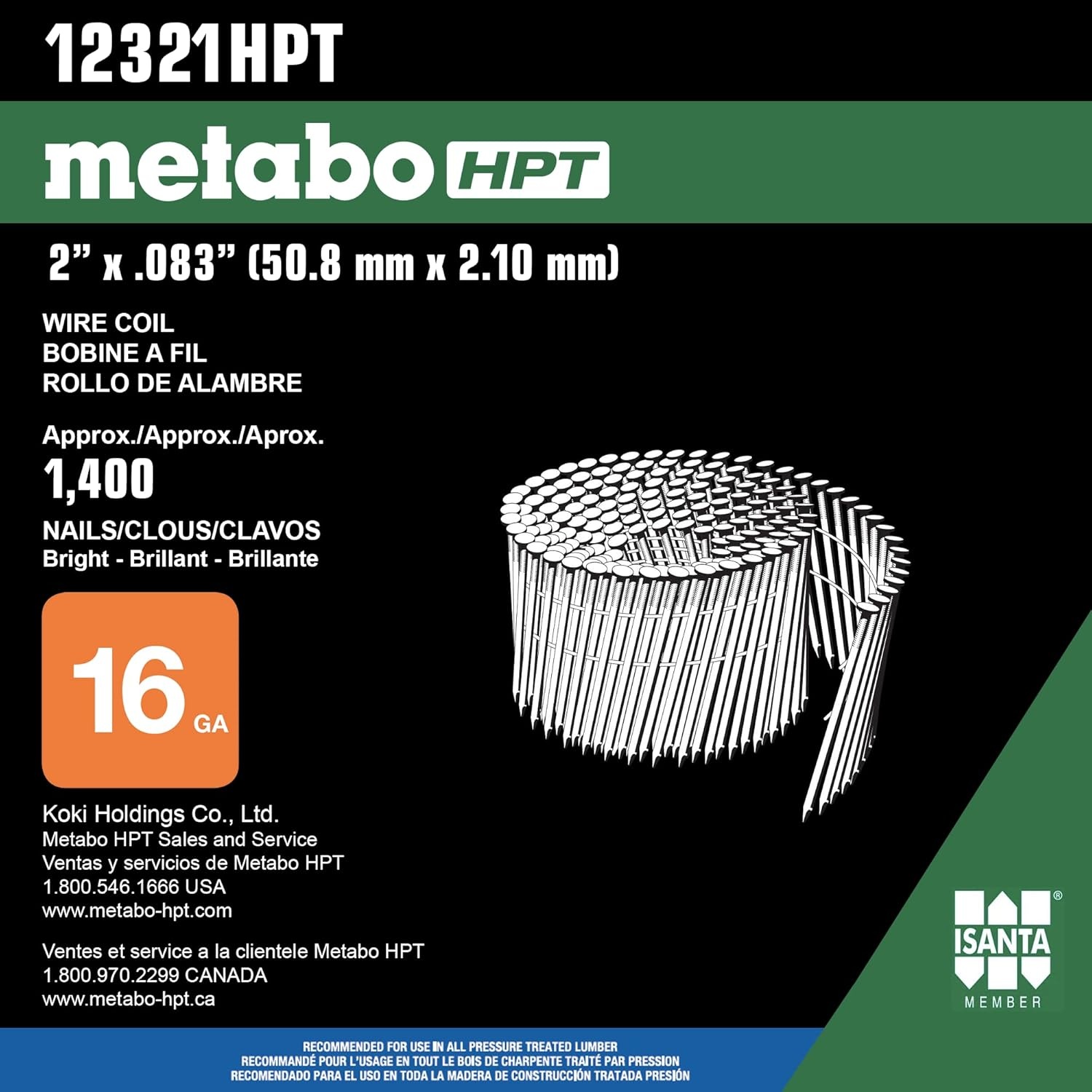 Metabo HPT Mini Wire Coil Nails | 2 Inch x .083 | Ring Shank | 304 Stainless Steel | 1400 Count | 1231HPT