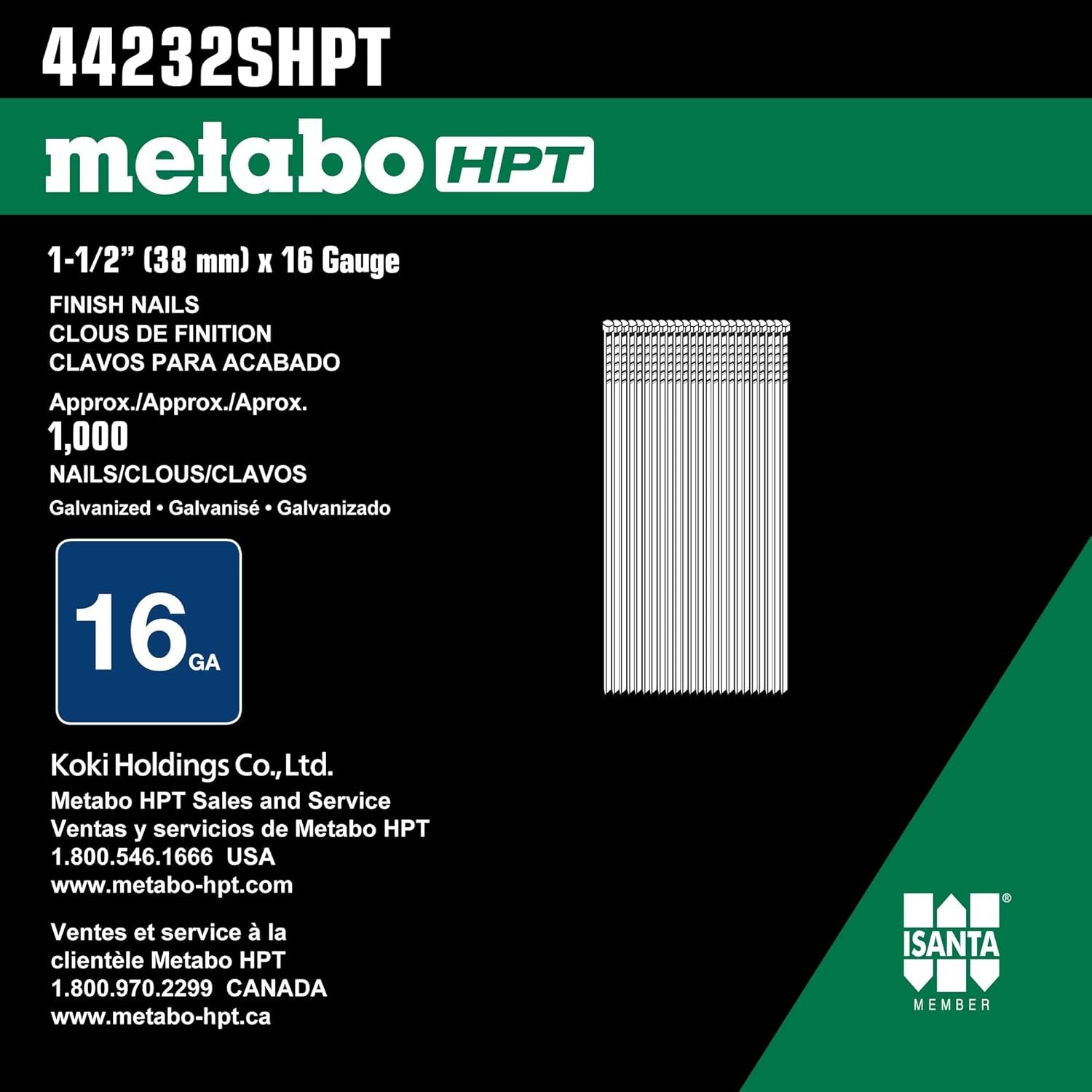 Metabo HPT Finish Nails | 2 Inch x 16 Gauge | Stainless Steel | 1000 Count | 44234SHPT(1-1/2″ x 16 GA SS)