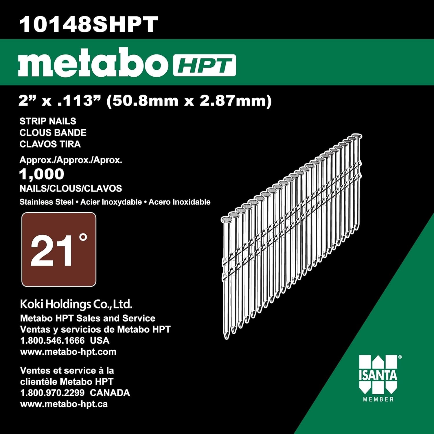 Metabo HPT Framing Nails, 2″ x .113, Stainless Steel, RS, Ss, Rh, Full Round Head, Plastic Strip, 1000 Count (10148SHPT)