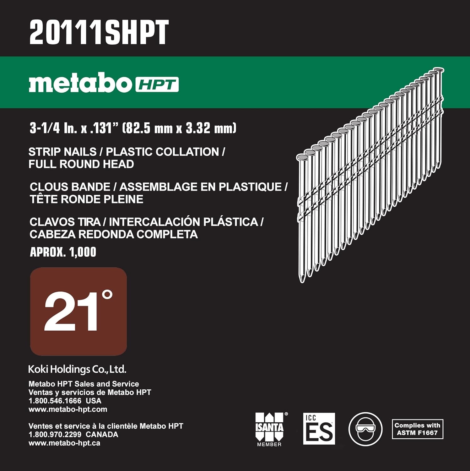 Metabo HPT Framing Nails | 3-1/4 Inch x .131 | Full Round Head | Brite, Basic | Plastic Strip | 1000 Count | 20111SHPT(No Size)