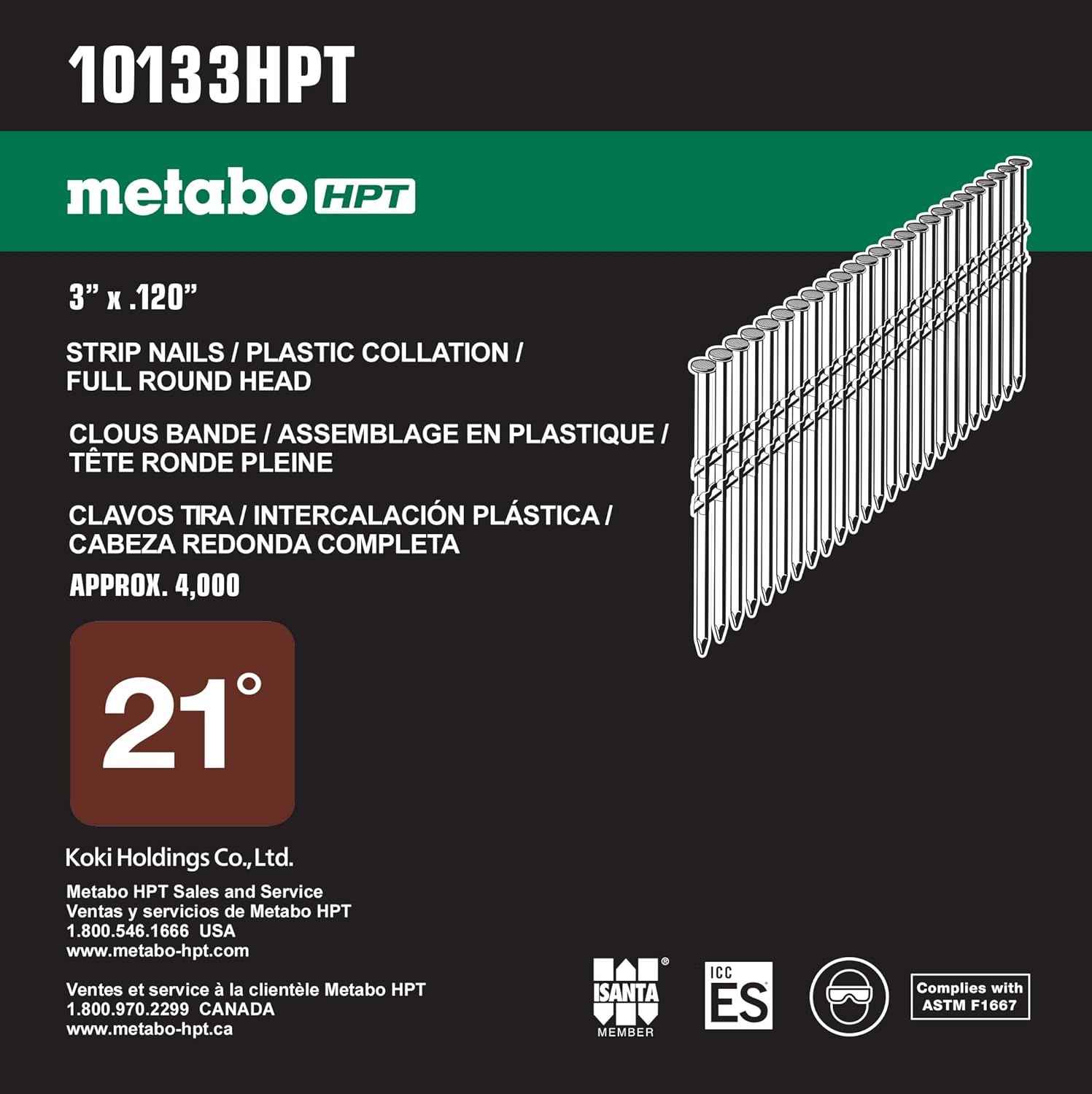 Metabo HPT Framing Nails | 3 In. x .120 | 21 Degree | Full Round Head | Bright Basic | Ring Shank | 4,000 Count | 10133HPT