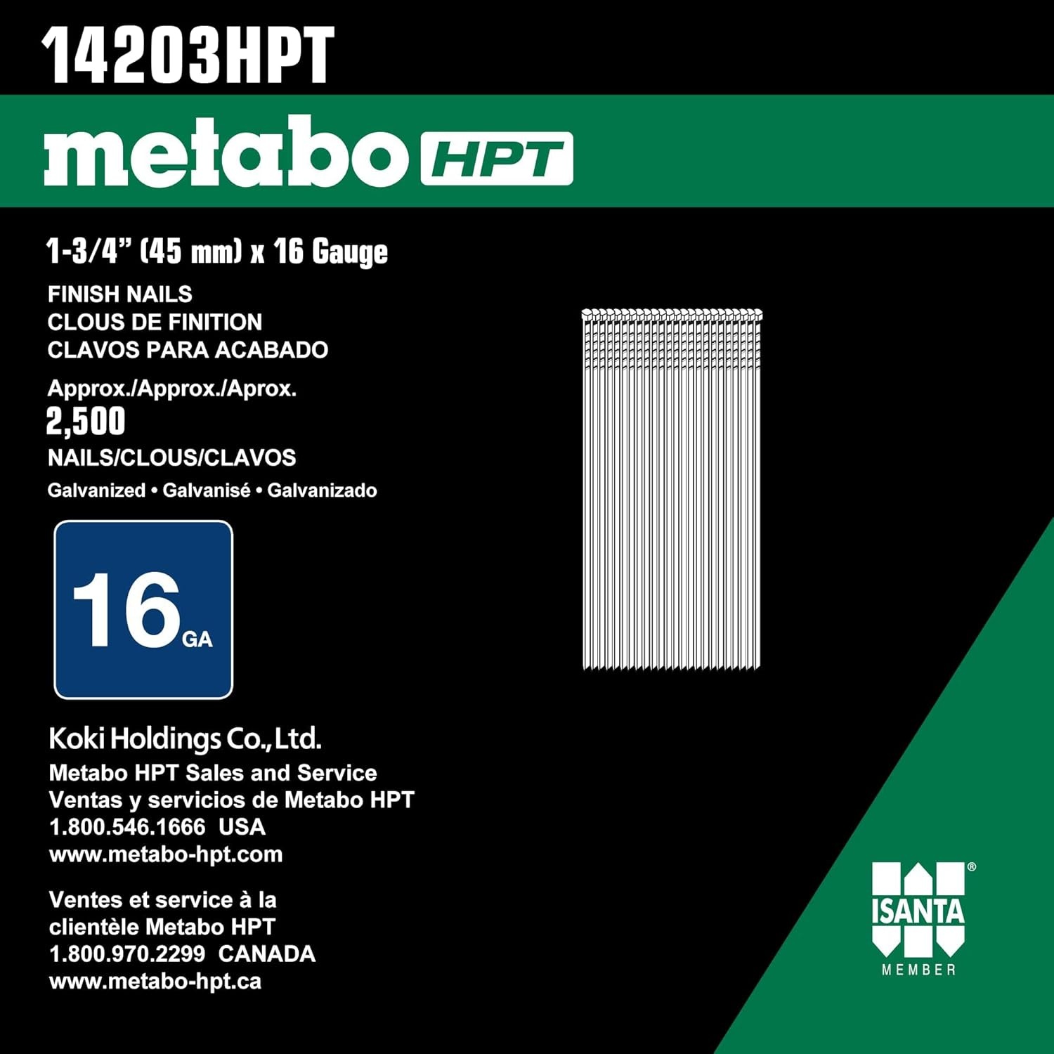 Metabo HPT Finish Nails | 1 Inch x 16 Gauge | Electro Galvanized | 5000 Count | 14200HPT(1-3/4″ x 16 GA EG)