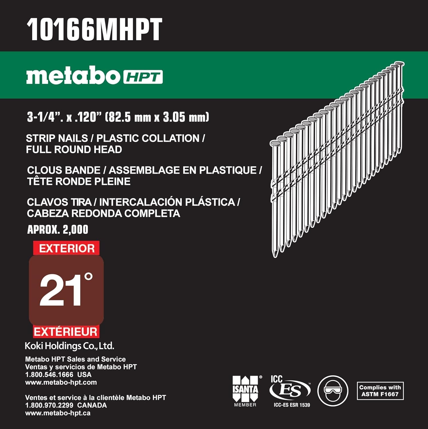 Metabo HPT 3-1/4 Inch Full Round Head Plastic Strip Framing Nails | 2,000 Count | 10166MHPT
