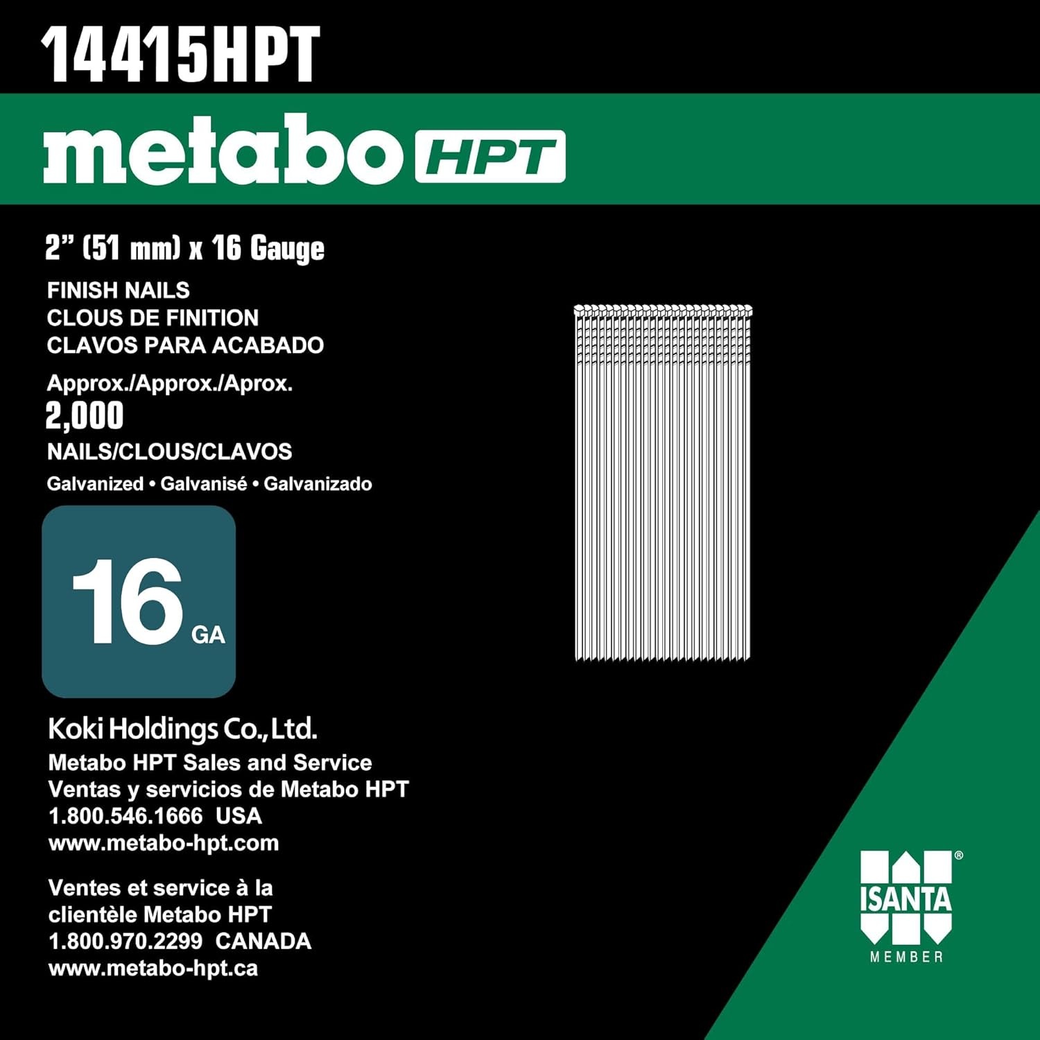 Metabo HPT Angled Finish Nails | 2 Inch | 16 Gauge | Galvanized | 2000 Count | 14415HPT(2000 Count (Pack of 1))