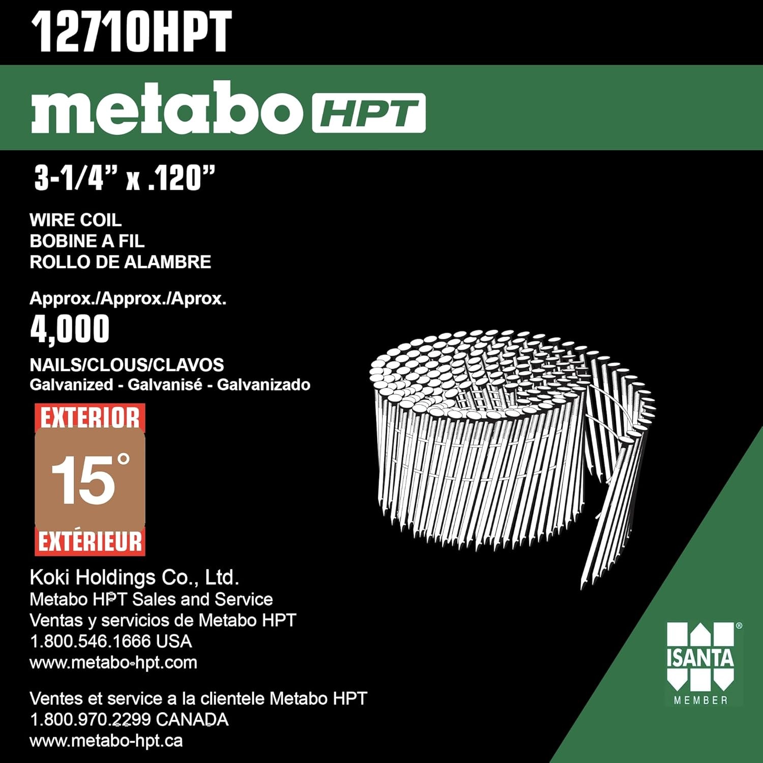 Metabo HPT Framing Nails, 3-1/4″ x .120, Wire Coil, Hot Dipped Galvanized, Full Round Head, SC, 4000 Count (12710HPT)