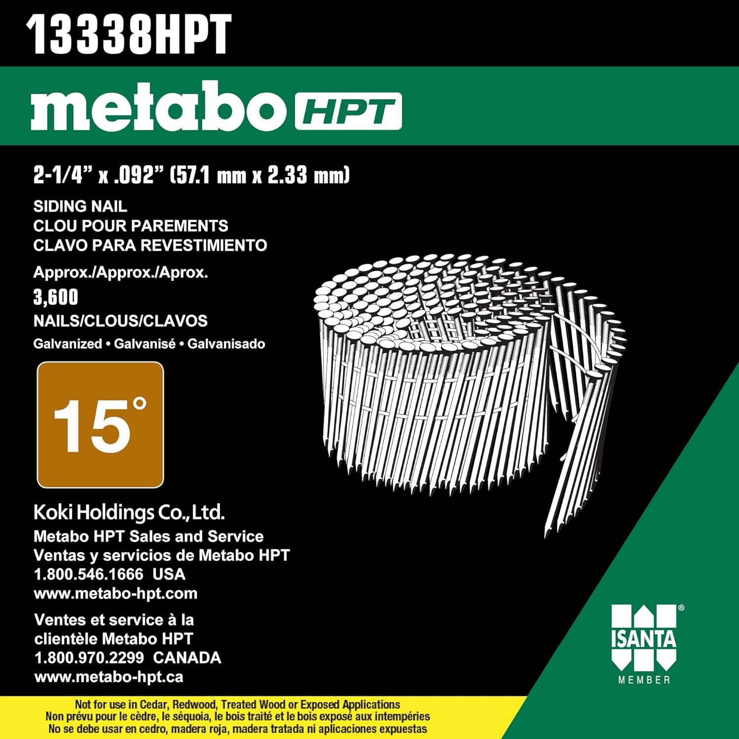 Metabo HPT Siding Nails | 2-1/4 in. x .092 in. | Wire Coil, Ring, Electro-Galvanized, Round Head | 3,600 Count | 13338HPT