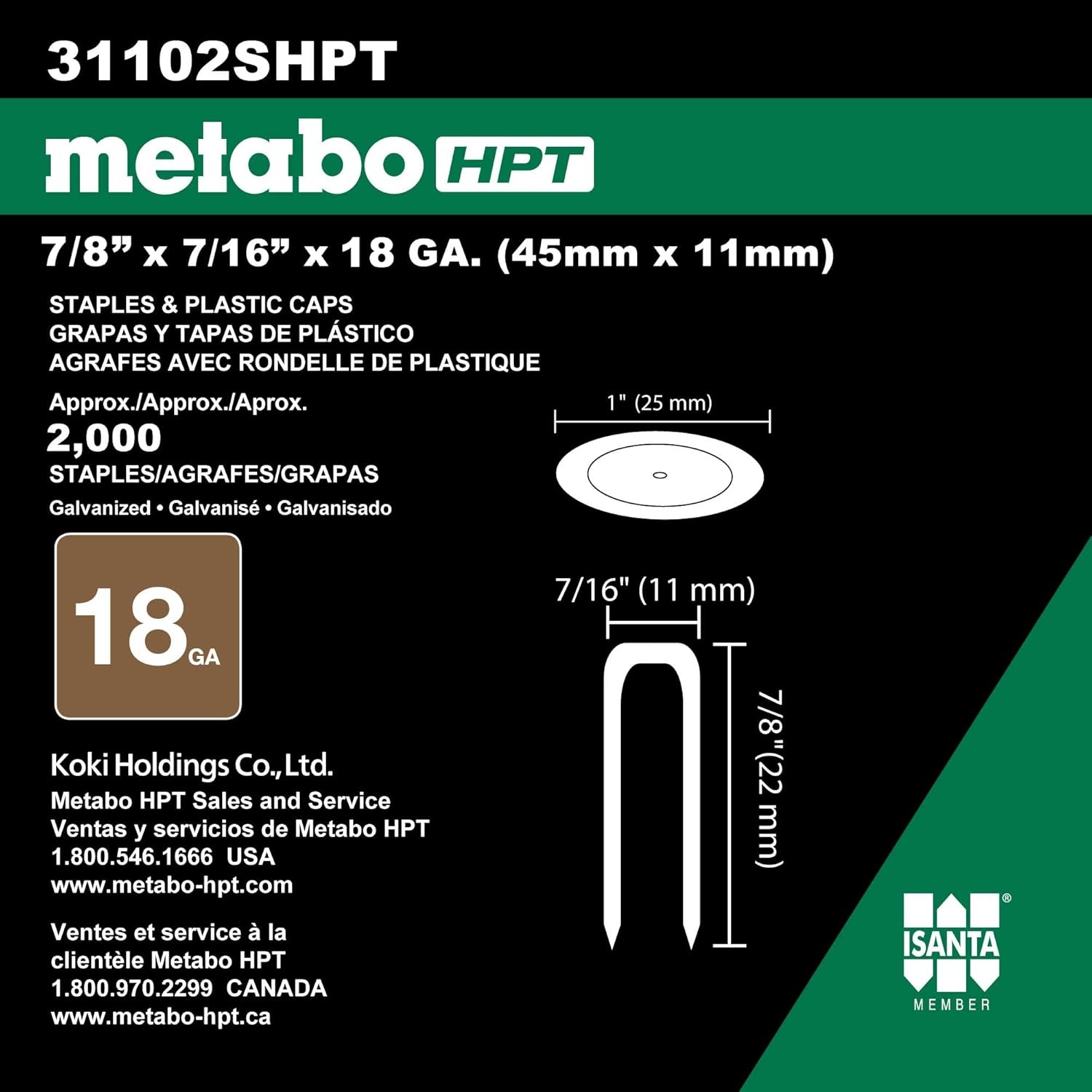 Metabo HPT 18 Gauge Staples And Plastic Caps | 7/16 In. Crown, 7/8-in Leg Length | Electro Galvanized | 2,000 Count | 31102SHPT(18 Gauge  7/16 In. crown  7/8-in leg length)